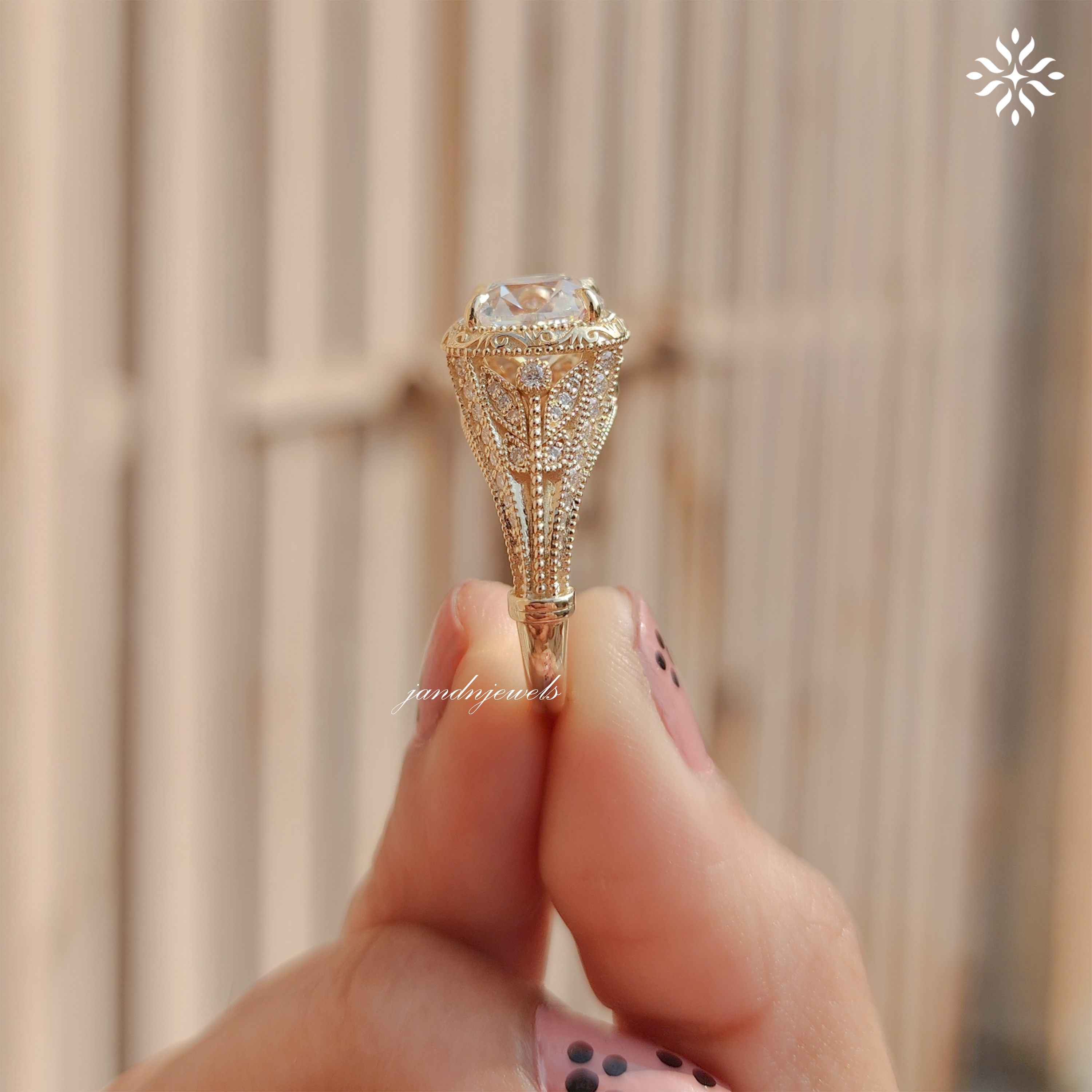 Art Deco Old Mine Cushion Cut Moissanite Engagement Ring Handcrafted Engraved Milgrain Ring 14K Solid Gold Vintage Ring, Taylor Swift Ring