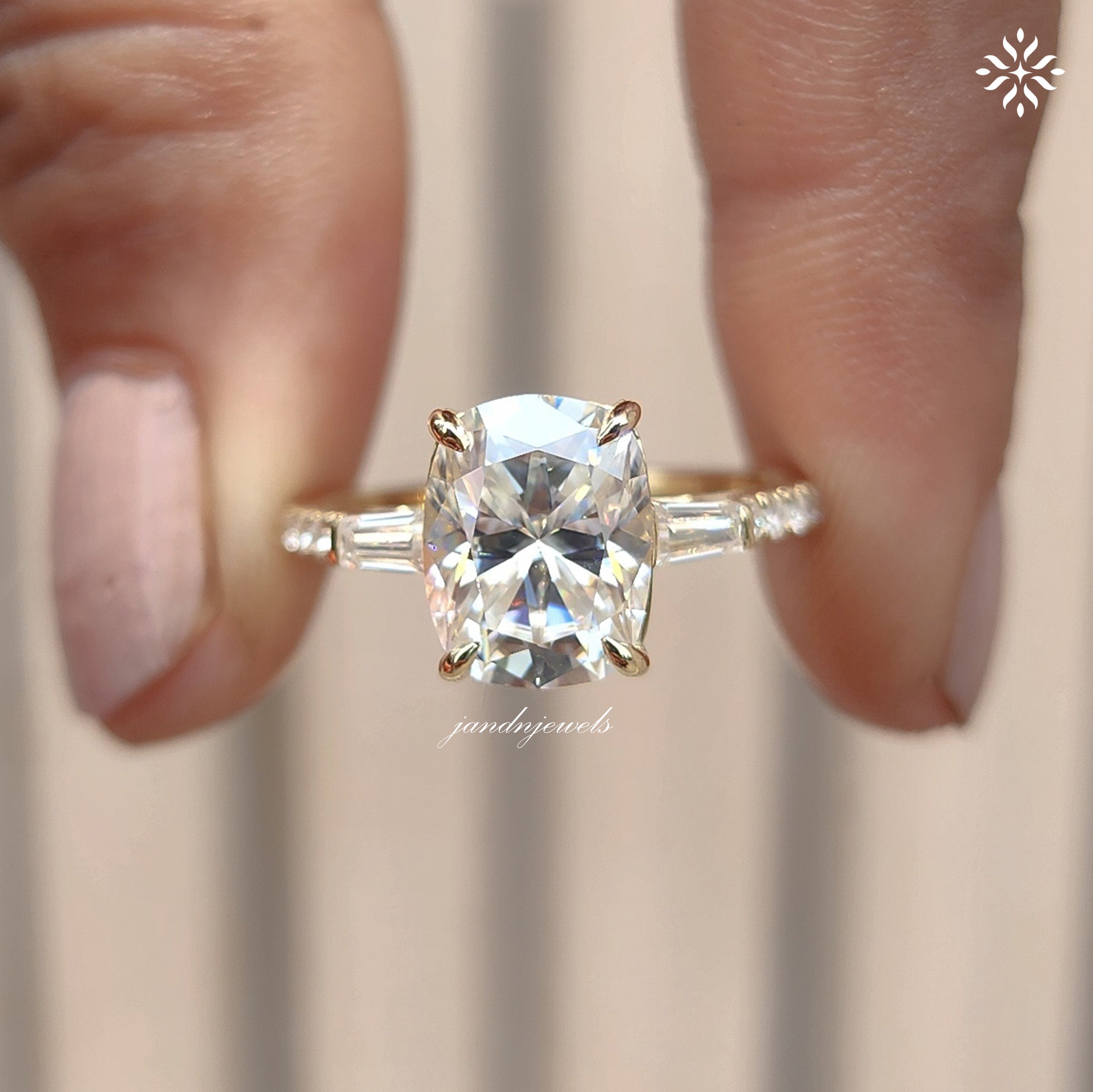 Three Stone Cushion Cut Moissanite Engagement Ring Side Stone Baguette Diamond Ring