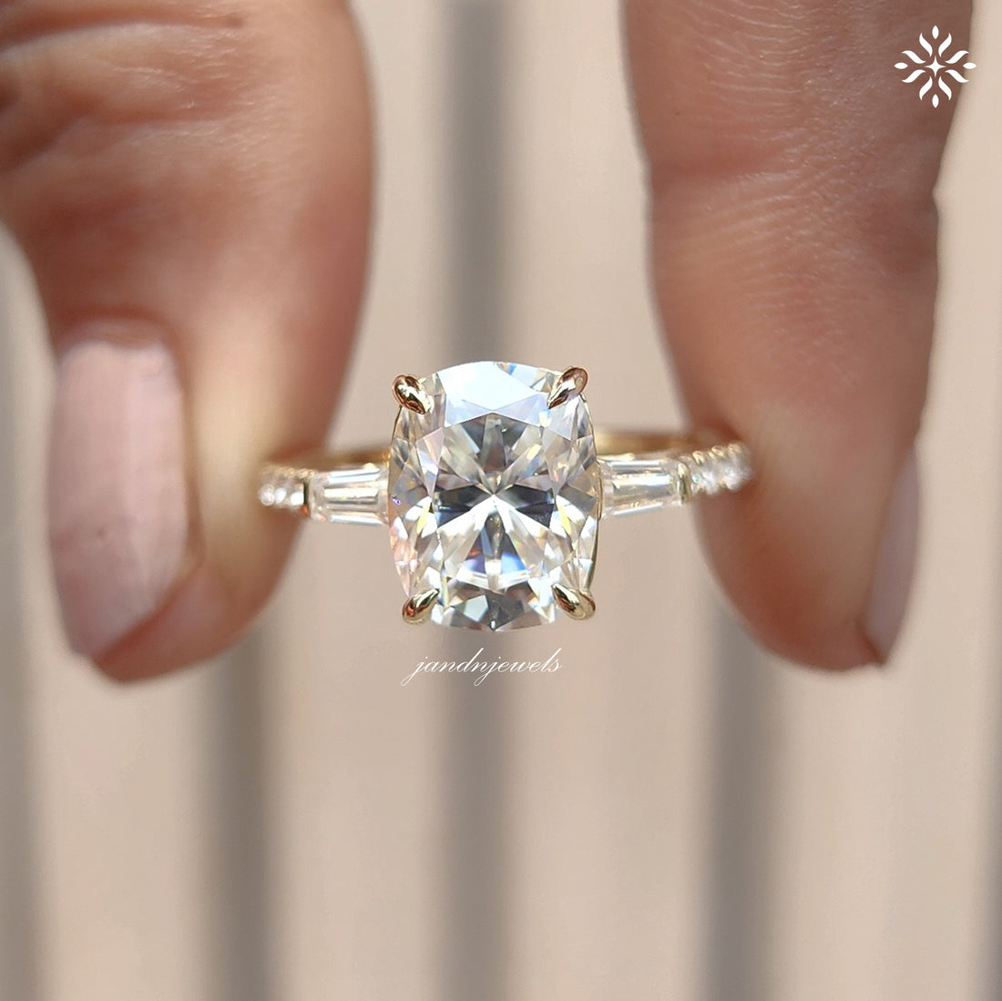Three Stone Cushion Cut Moissanite Engagement Ring Side Stone Baguette Diamond Ring
