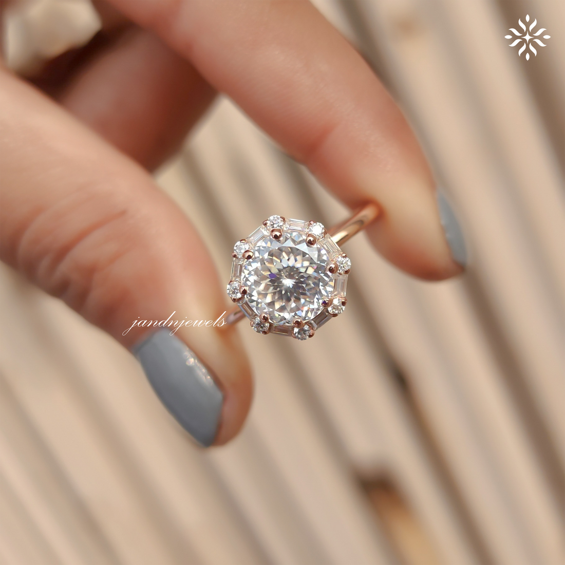 Unique Portuguese Cut Moissanite Engagement Ring Luxe Baguette & Round Halo Diamond Ring 14K Solid Gold Solitaire Ring