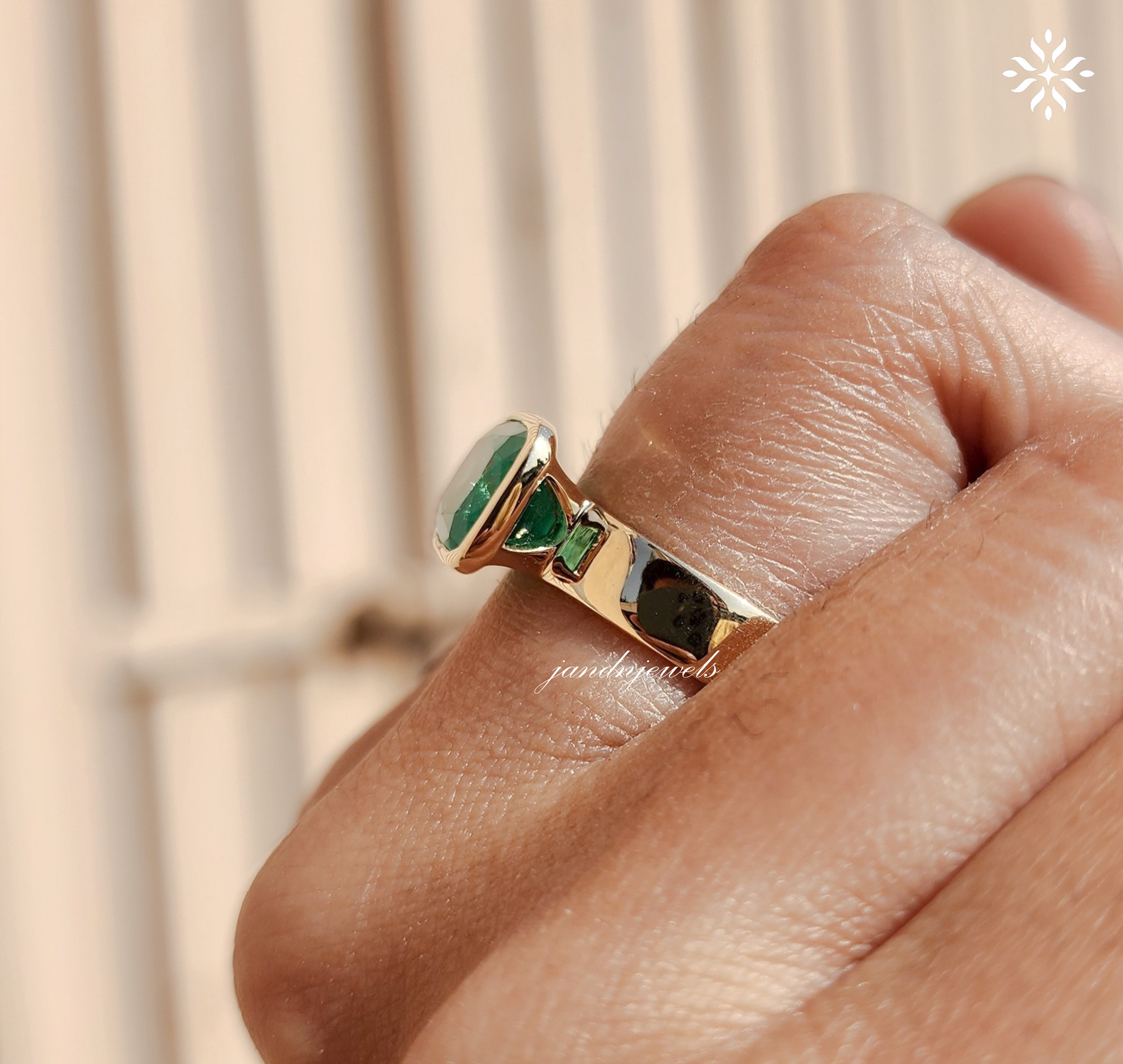 Green Emerald Cushion Cut Ring Bezel Set Solitaire 14K Gold Engagement Ring East West Ring