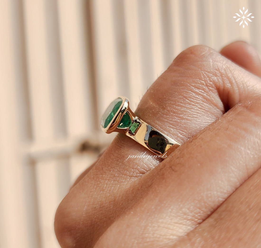 Green Emerald Cushion Cut Ring Bezel Set Solitaire 14K Gold Engagement Ring East West Ring