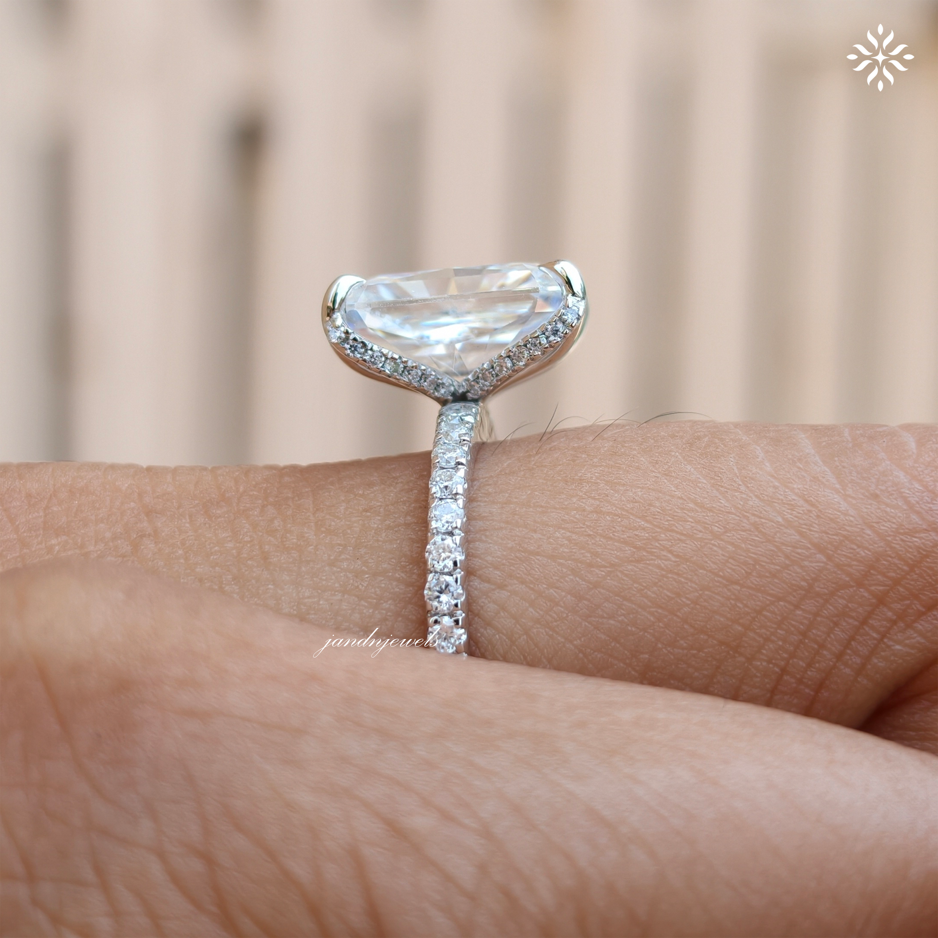 Radiant Cut Moissanite Engagement Ring Hidden Halo Ring 14K Solid Gold Baguette Halo Ring Diamond Ring for Women