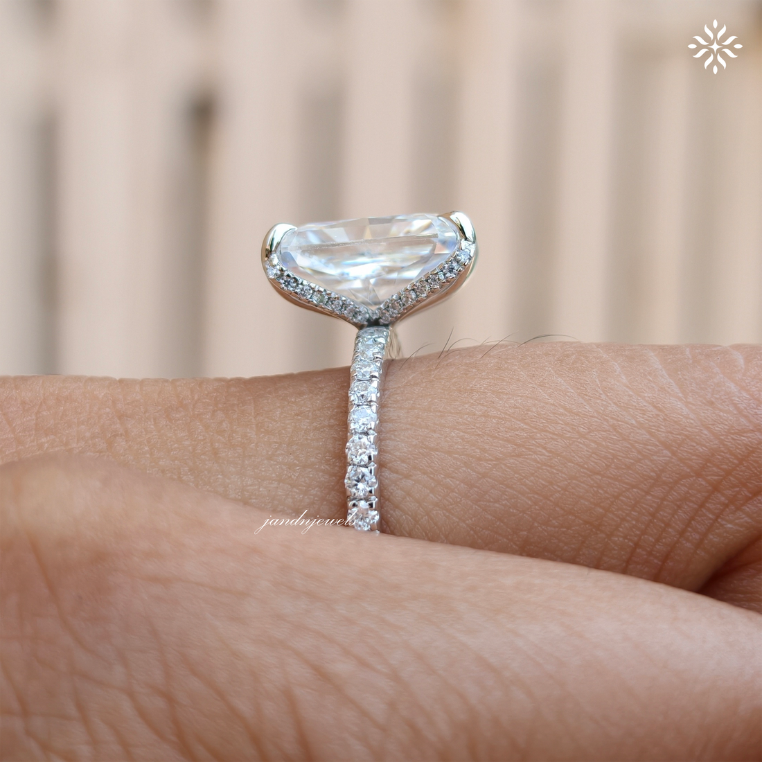 Radiant Cut Moissanite Engagement Ring Hidden Halo Ring 14K Solid Gold Baguette Halo Ring Diamond Ring for Women