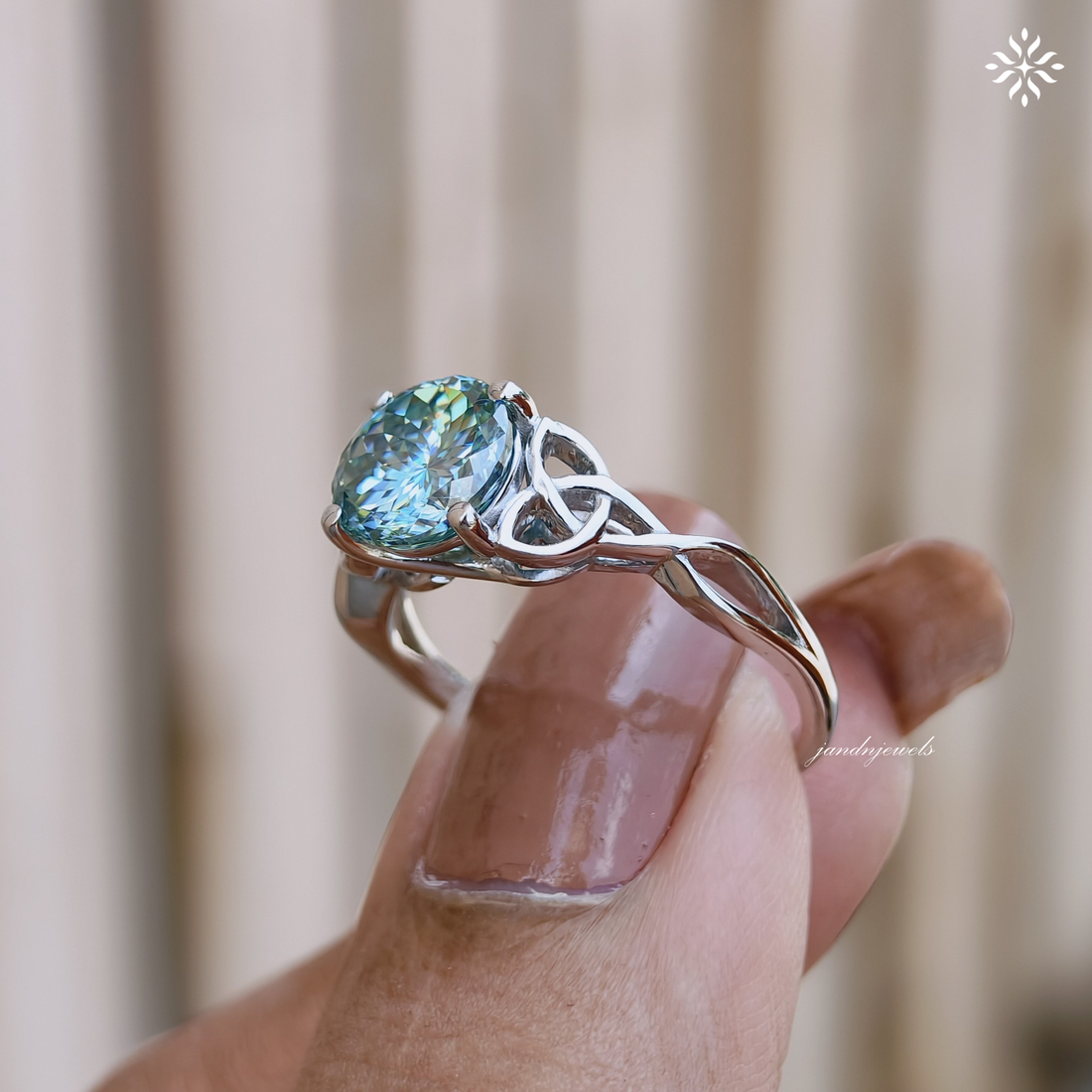 Vintage Celtic Knot Ring Cyan Blue Portuguese Cut Moissanite Engagement Ring Promise Ring for Her