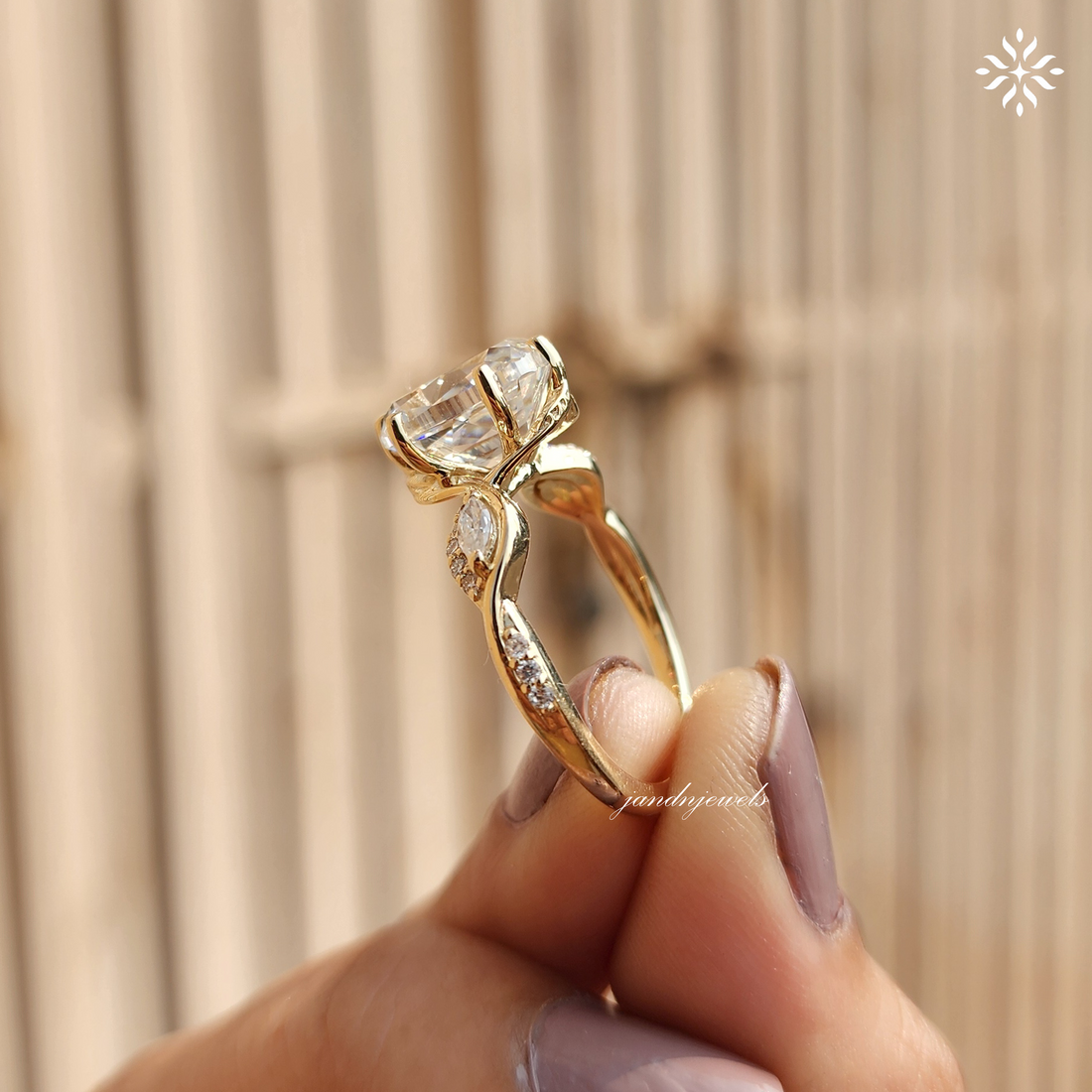 Old Mine Cushion Cut Moissanite Engagement Ring Nature Inspired Leaf Design Ring 14K Solid Gold Ring Floral Art Deco Ring Wedding Ring