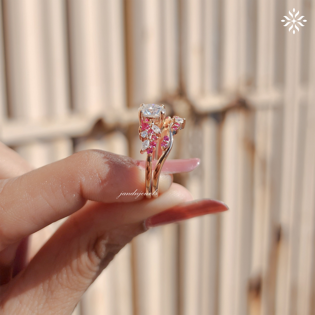 Round Cut Moissanite Engagement Ring Set lab Pink Sapphire Diamond Ring Vintage Rose Gold Bridal Ring Set Amethyst wedding Art Deco Ring Everbee logo Analyze listing