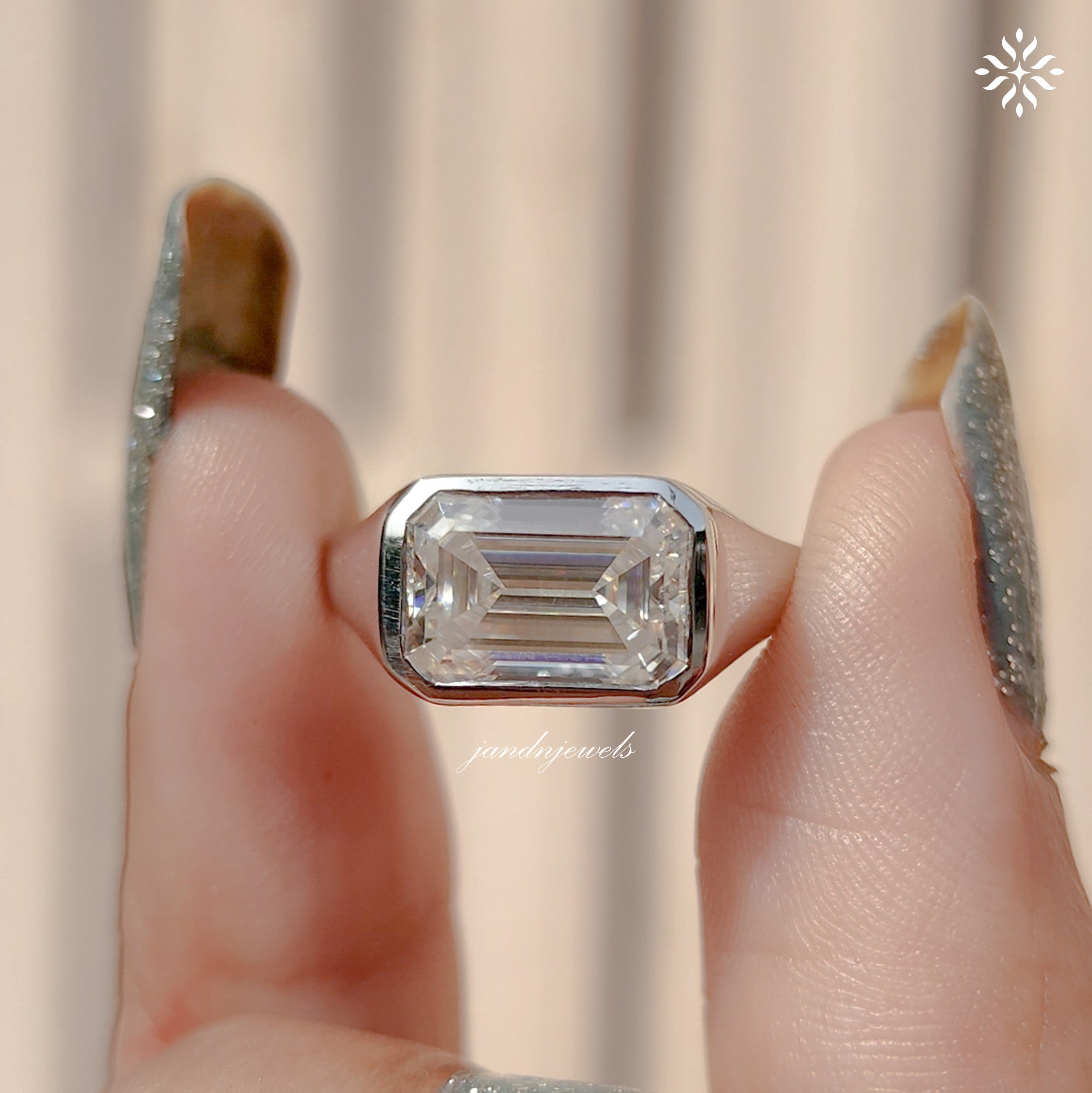 Emerald Cut Moissanite Ring Bezel Set Signet Ring Modern Gold Statement Ring for Men Women
