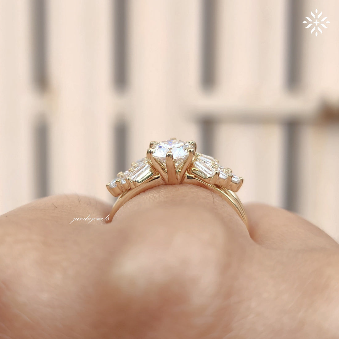 1.5CT Round Cut Moissanite Engagement Ring Baguette & Round Cut Diamond Cluster Ring 14K Solid Gold Wedding Ring Anniversary Gift for Her