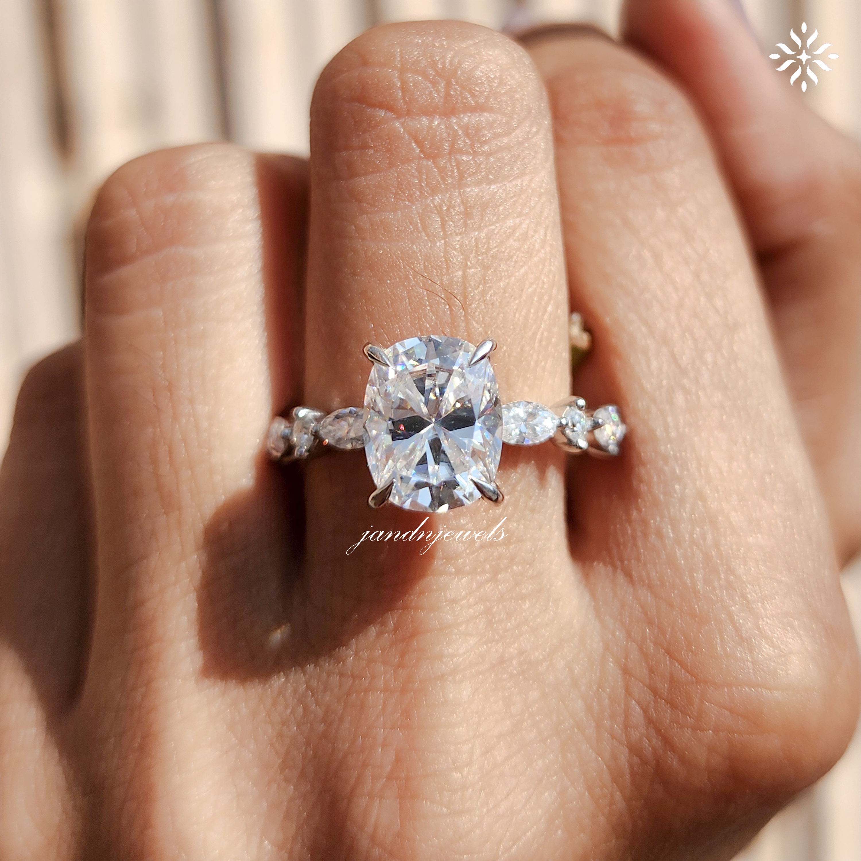 Unique Hidden Halo Cushion Cut Moissanite Engagement Ring Marquise Band Elongated Moissanite Wedding Ring Women Promise Anniversary Ring