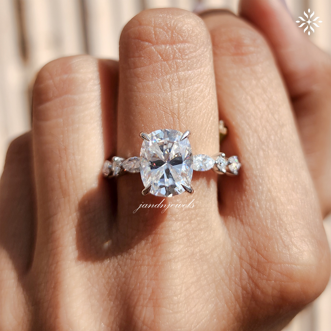 Unique Hidden Halo Cushion Cut Moissanite Engagement Ring Marquise Band Elongated Moissanite Wedding Ring Women Promise Anniversary Ring