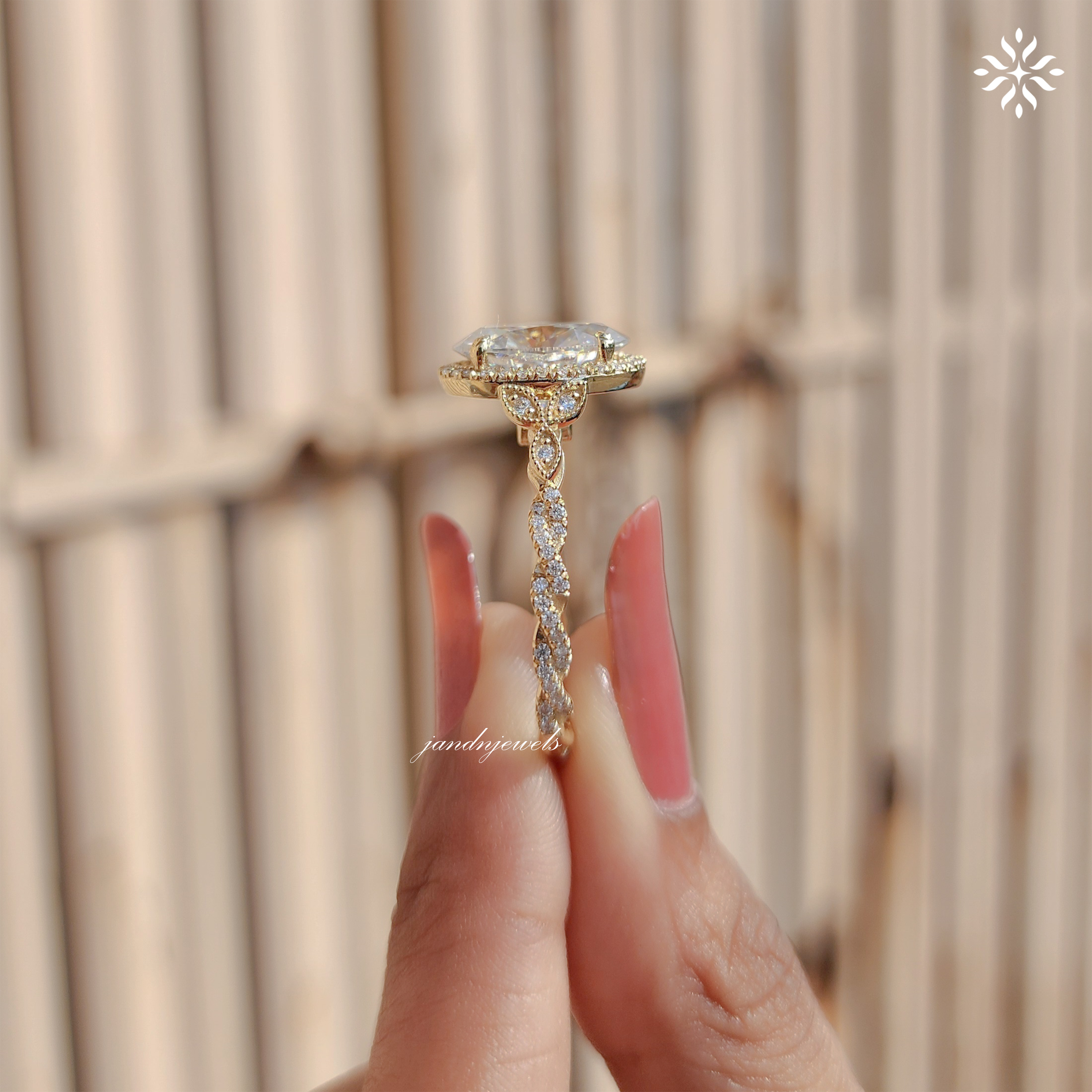 Oval Moissanite Halo Engagement Ring 14K Solid Yellow Gold, Filigree Cluster Design, Twisted Band, Classic Cathedral Setting