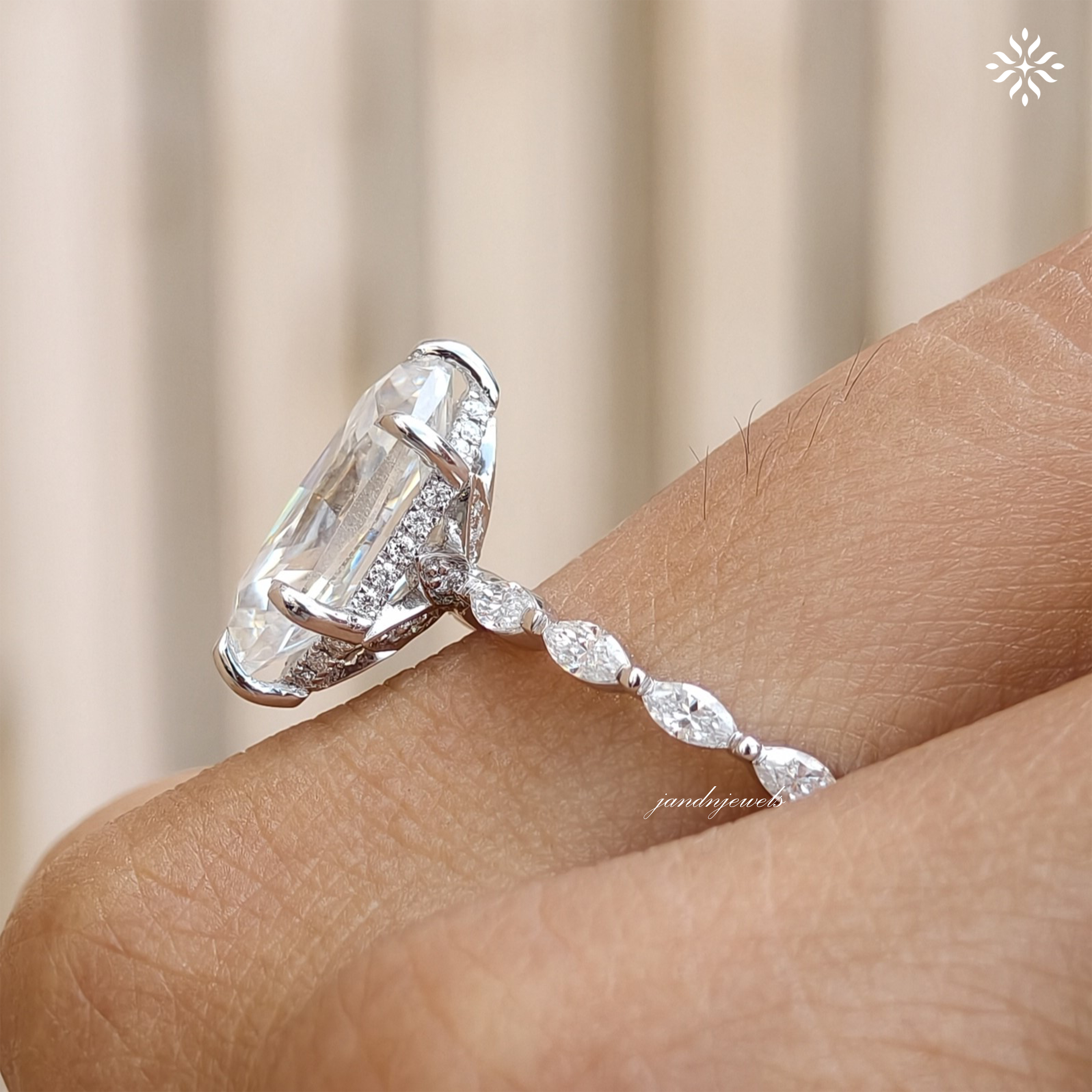 Lotus Hidden Halo 3CT Dutch Marquise Cut Moissanite Diamond Ring Solitaire Ring