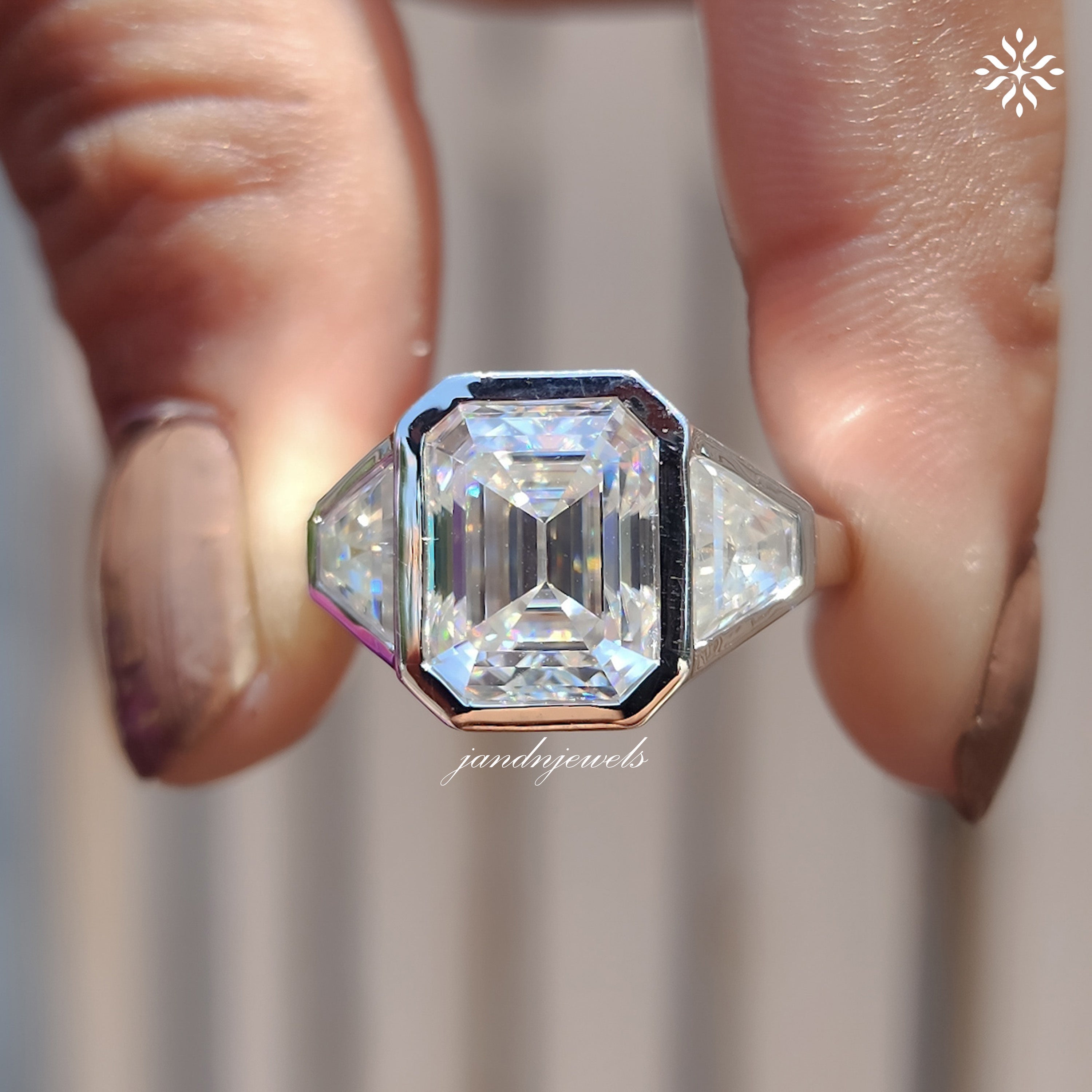 Three Stone Emerald Cut Moissanite Engagement Ring Bezel Set Diamond Ring Trilogy Ring for Her