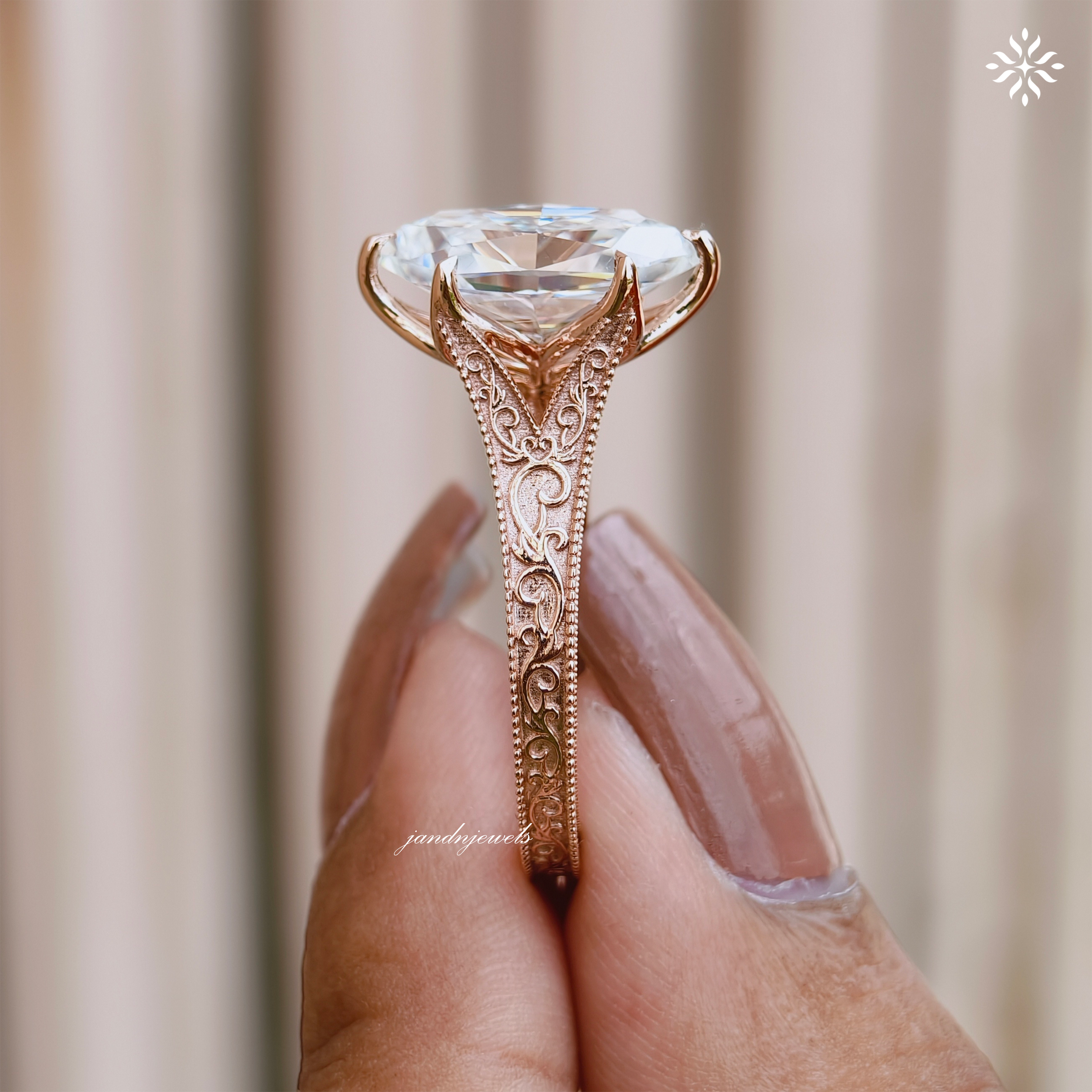 Dutch Marquise Moissanite Engagement Ring Art Deco Engraved Band Solitaire Ring 14K Gold Six Prong Designer Bridal Ring For Her
