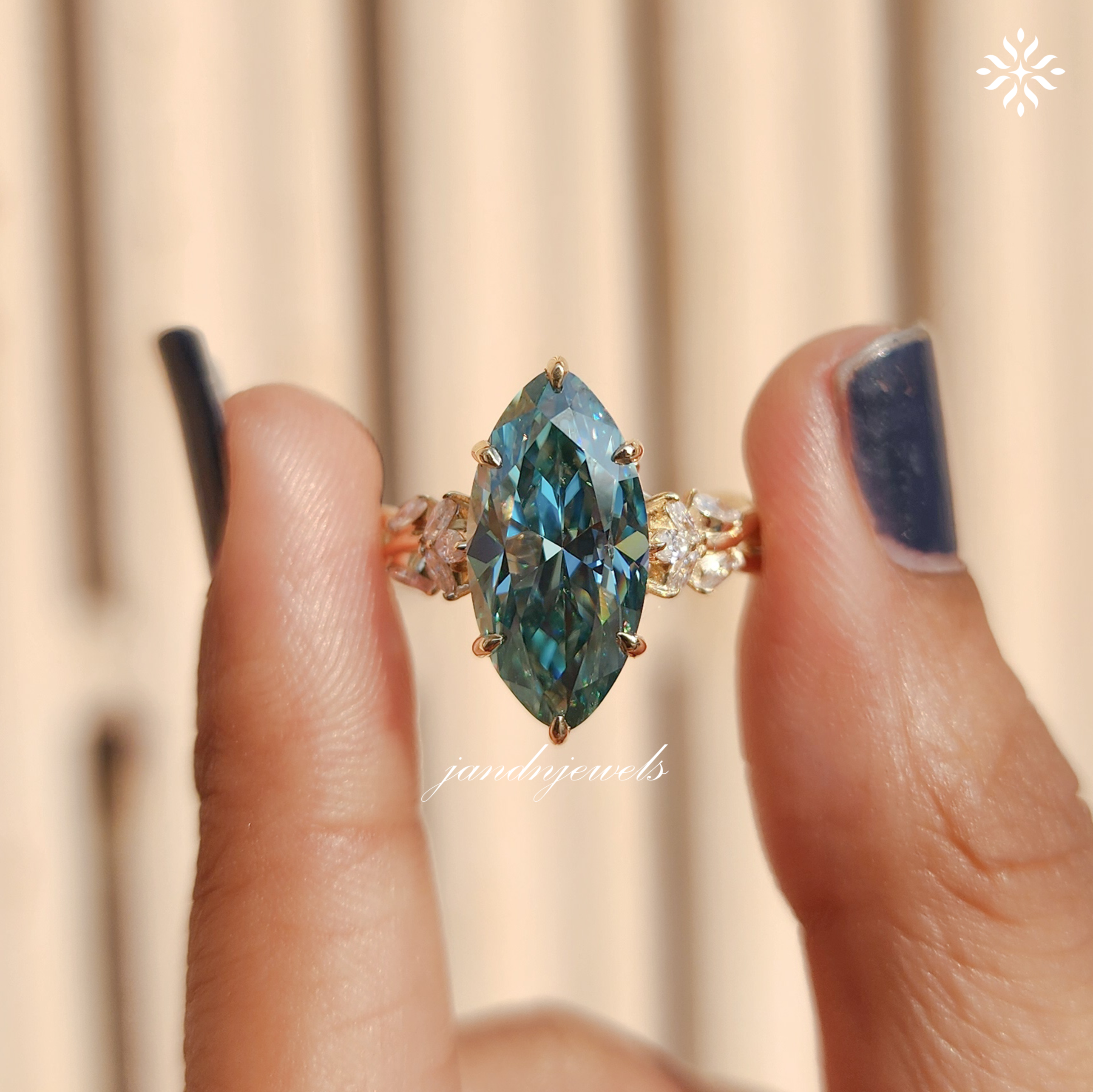 4CT Green Marquise Cut Moissanite Engagement Ring Yellow Gold Floral Vine Ring ArtDeco Ring