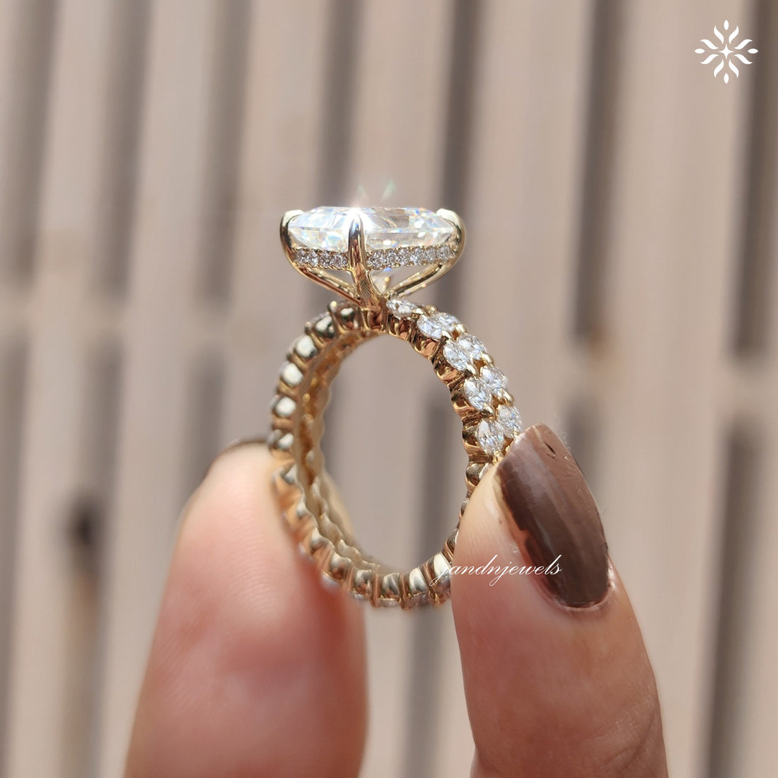4CT Radiant Cut Moissanite Engagement Ring Set Bubble Band Ring Wedding Ring Set Bridal Ring Set Hidden Halo Ring