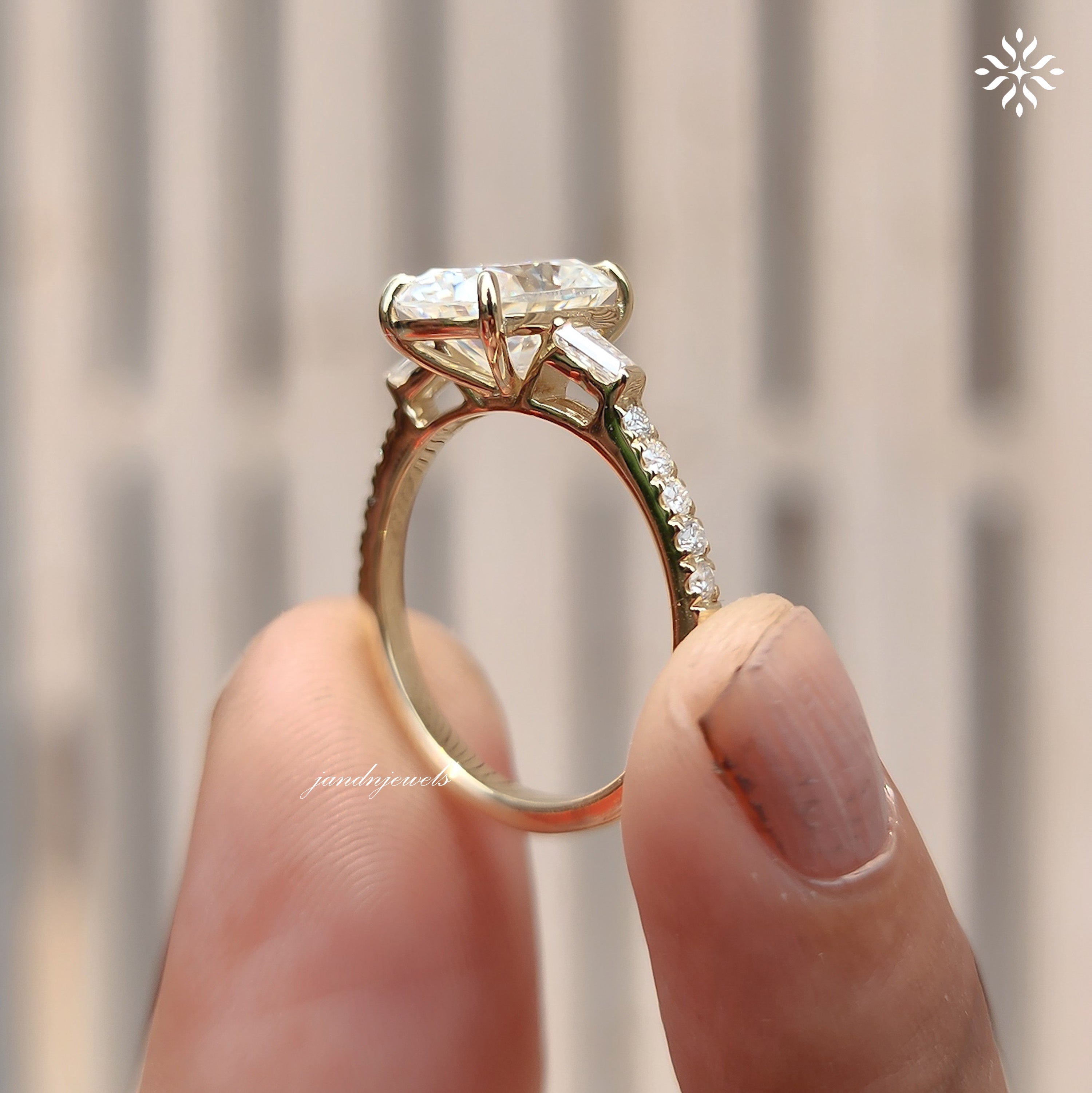 Three Stone Cushion Cut Moissanite Engagement Ring Side Stone Baguette Diamond Ring