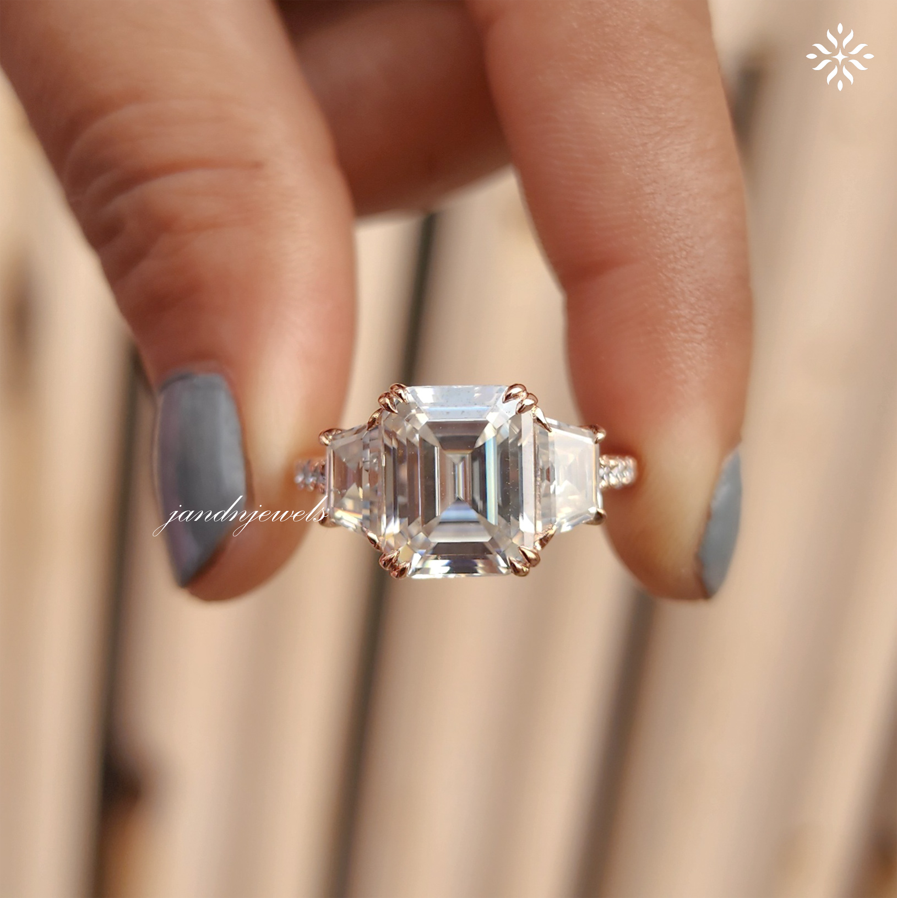 4CT Emerald Cut Moissanite Engagement Ring, Trapezoid Side Stone Ring, Hidden Halo 14K Gold Bridal Ring Set