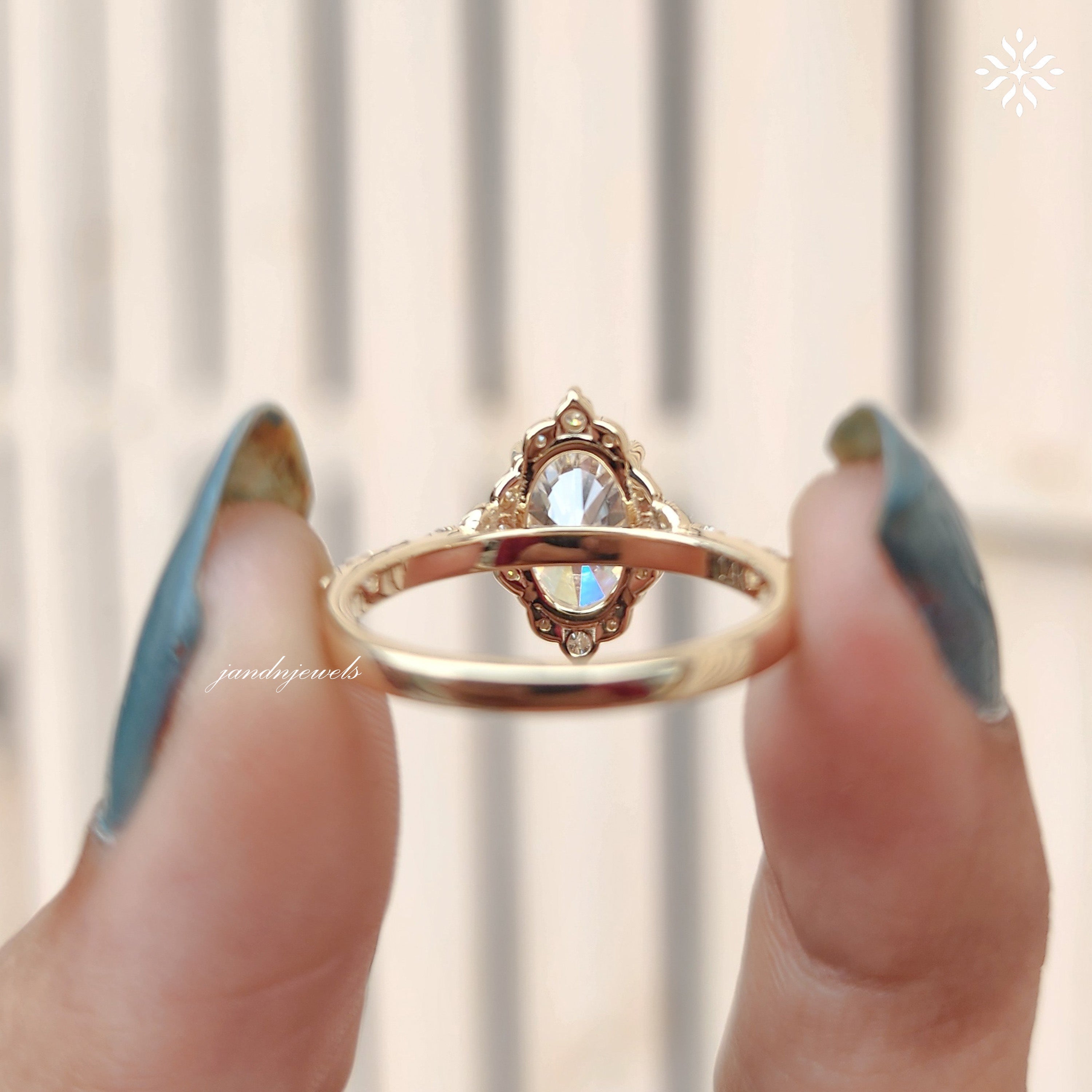 Oval moissanite engagement ring yellow gold Unique halo vintage art deco Diamond vintage ring Anniversary promise ring anniversary for her