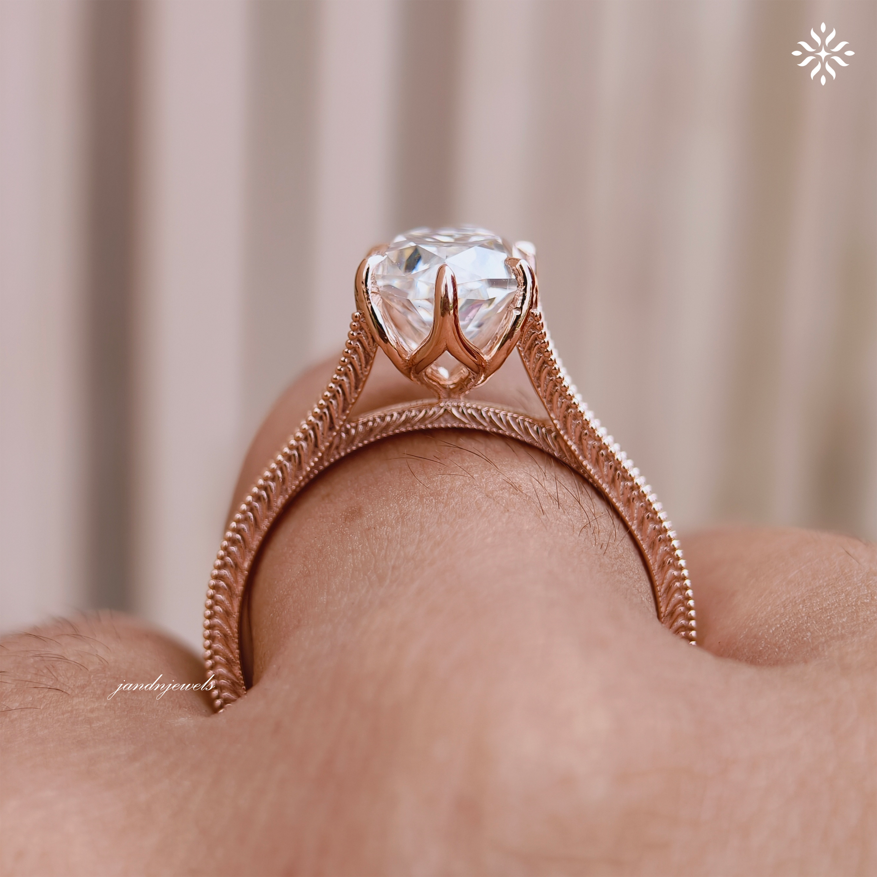 Dutch Marquise Moissanite Engagement Ring Art Deco Engraved Band Solitaire Ring 14K Gold Six Prong Designer Bridal Ring For Her