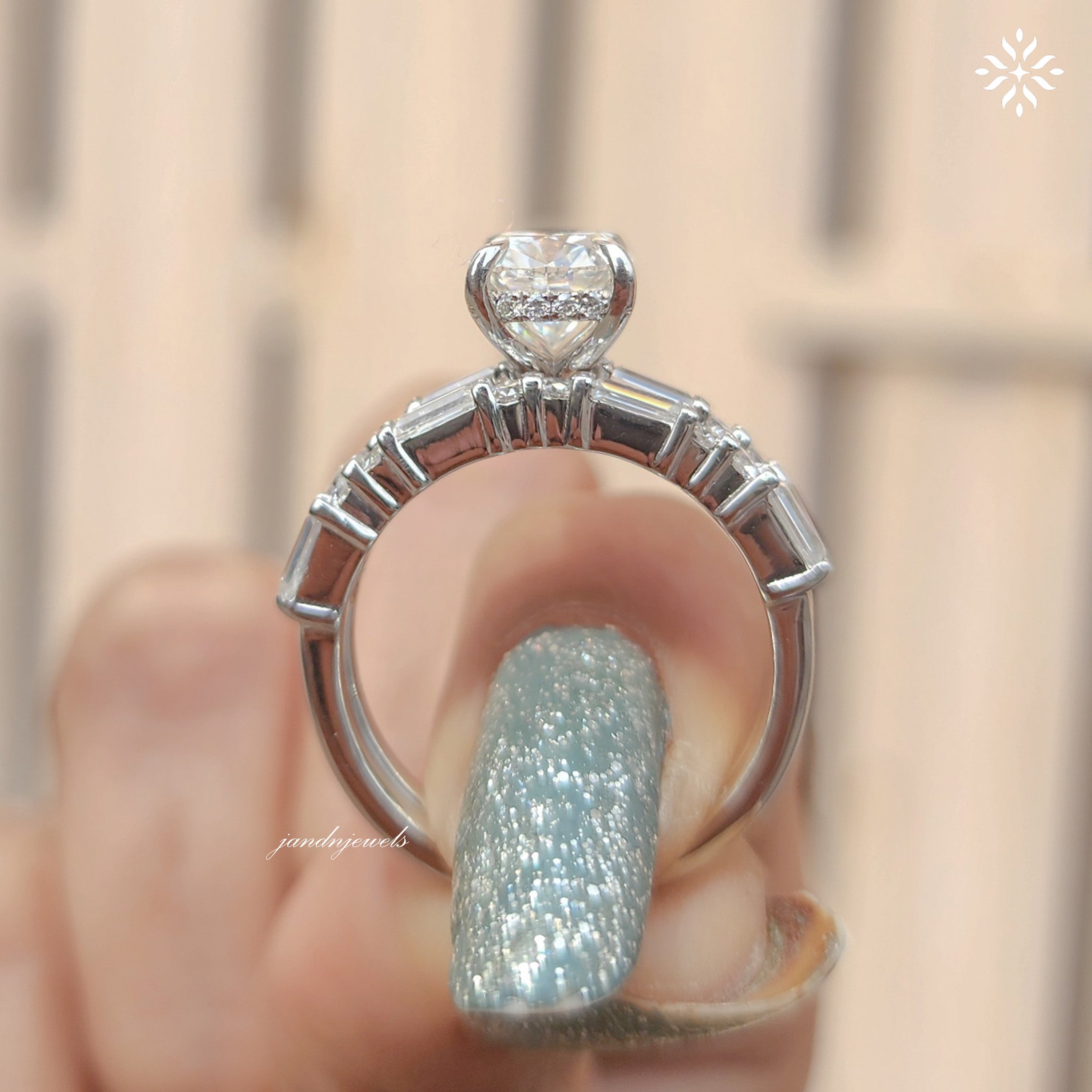 Elongated Cushion Cut Moissanite Engagement Ring Set Baguette & Round Diamond Band Bridal Ring Set 14K White Gold Ring Set