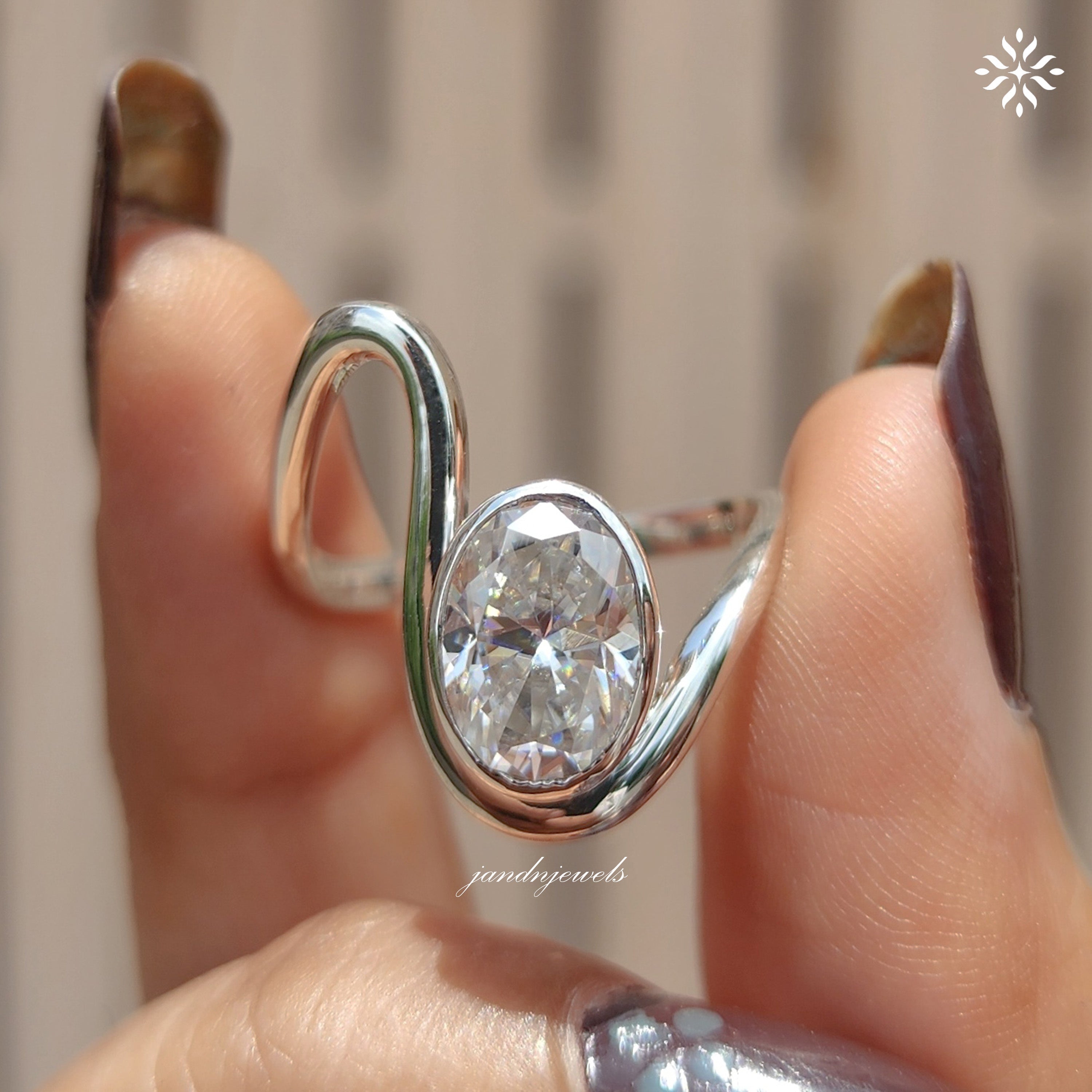 Oval Moissanite Ring, Open Wrap Ring Bezel Set Gold Band Minimalist Unique Engagement Ring