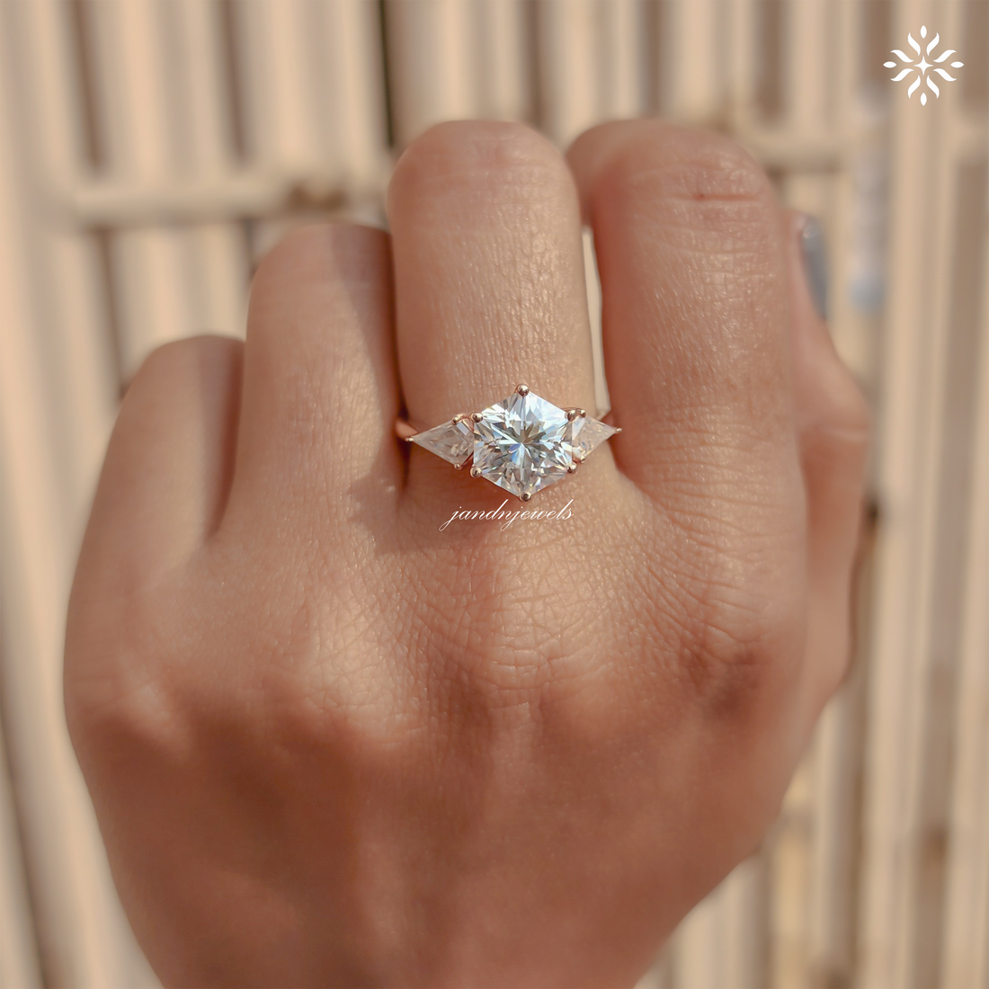 Three Stone Hexagon Cut Engagement Ring Side Stone kite Diamond Ring 14K Solid Gold Ring Antique Moissanite Diamond Ring