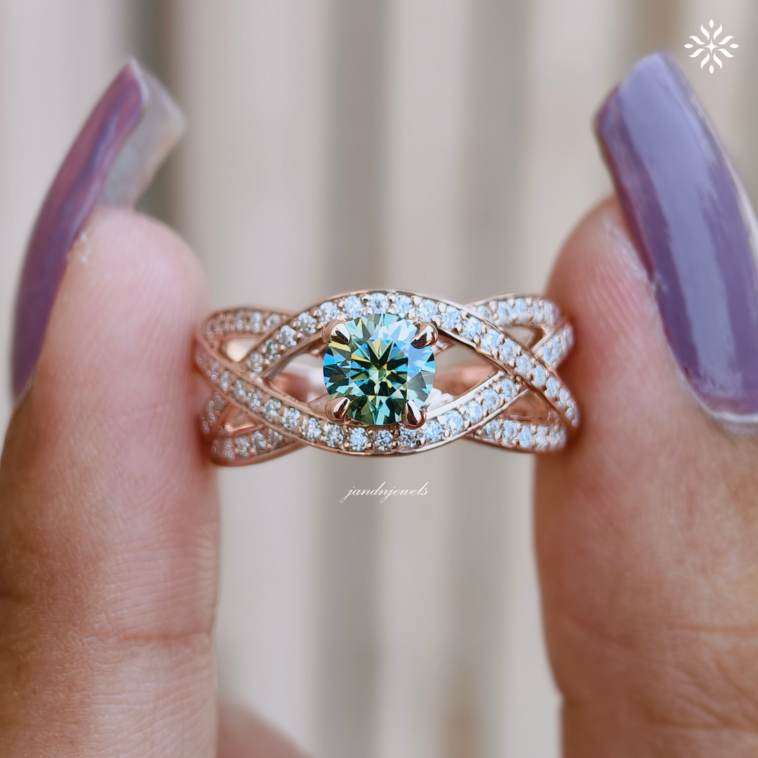 Cyan Blue Round Cut Moissanite Engagement Ring, Floral Wedding Ring, Unique Pave Band, 14K Gold Ring, Diamond Ring, Anniversary Ring