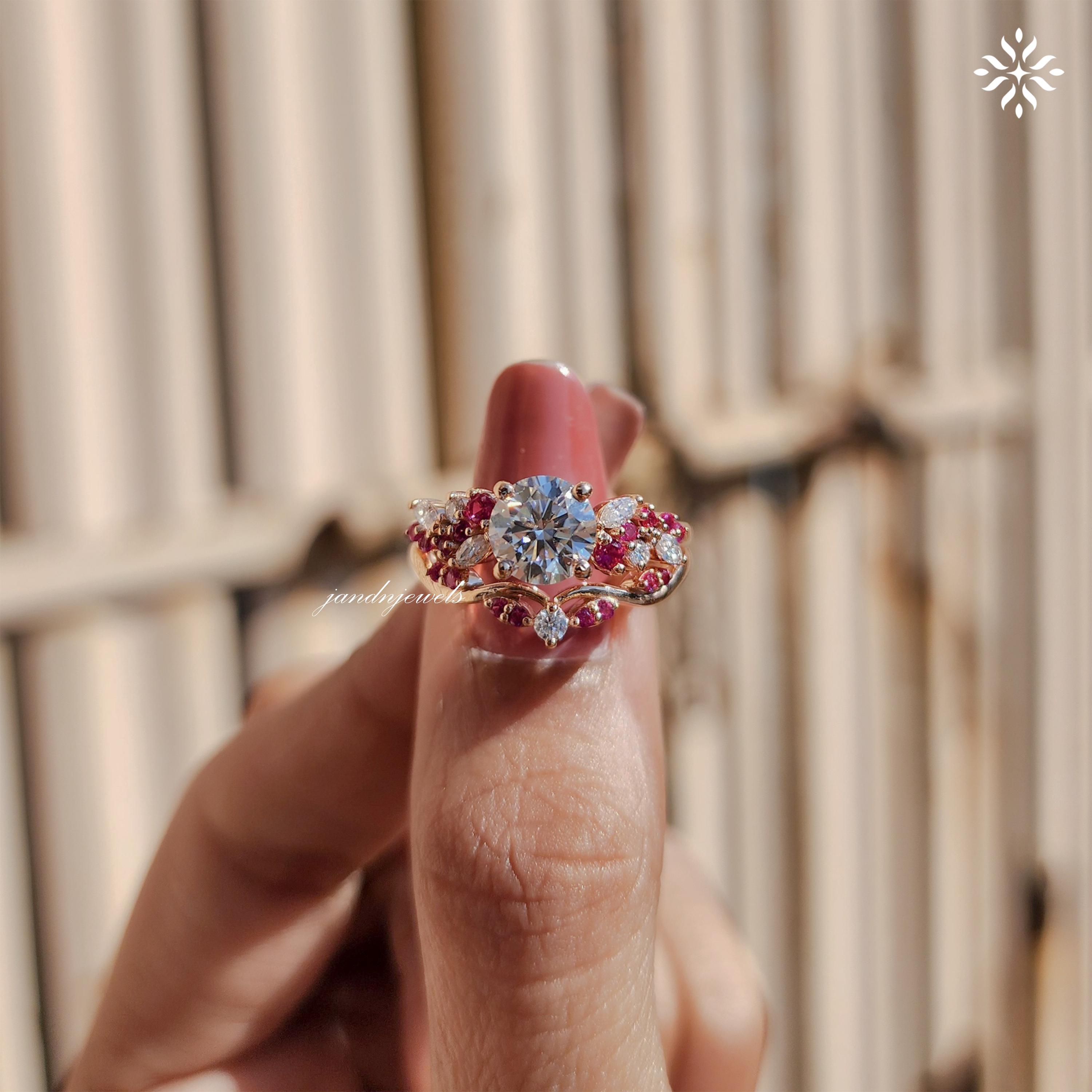 Round Cut Moissanite Engagement Ring Set lab Pink Sapphire Diamond Ring Vintage Rose Gold Bridal Ring Set Amethyst wedding Art Deco Ring Everbee logo Analyze listing