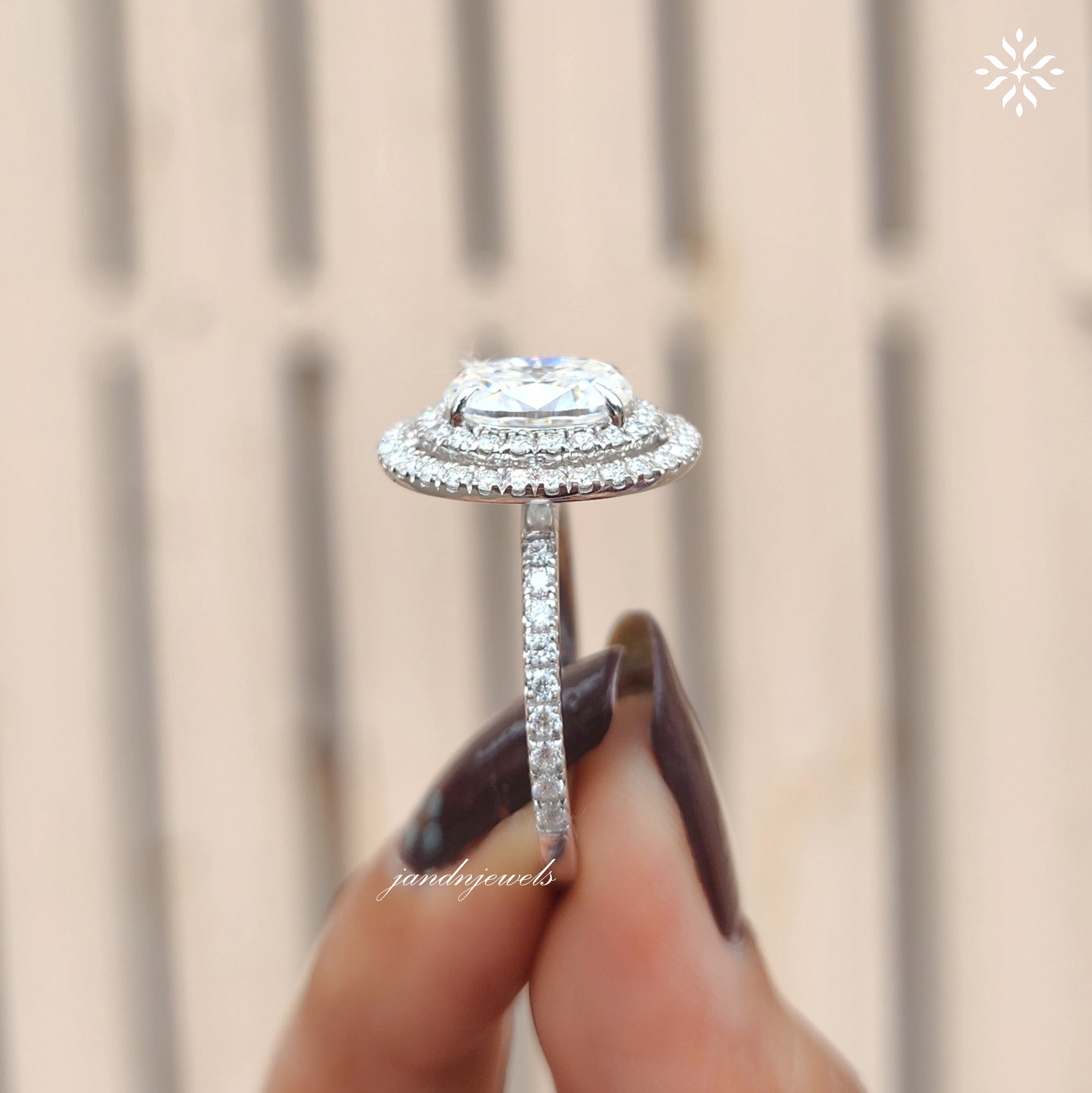 Double Halo Oval Moissanite Engagement Ring Unique Halo Ring Ring Wedding Pave Band 14K White Gold Ring Anniversary gift For Women