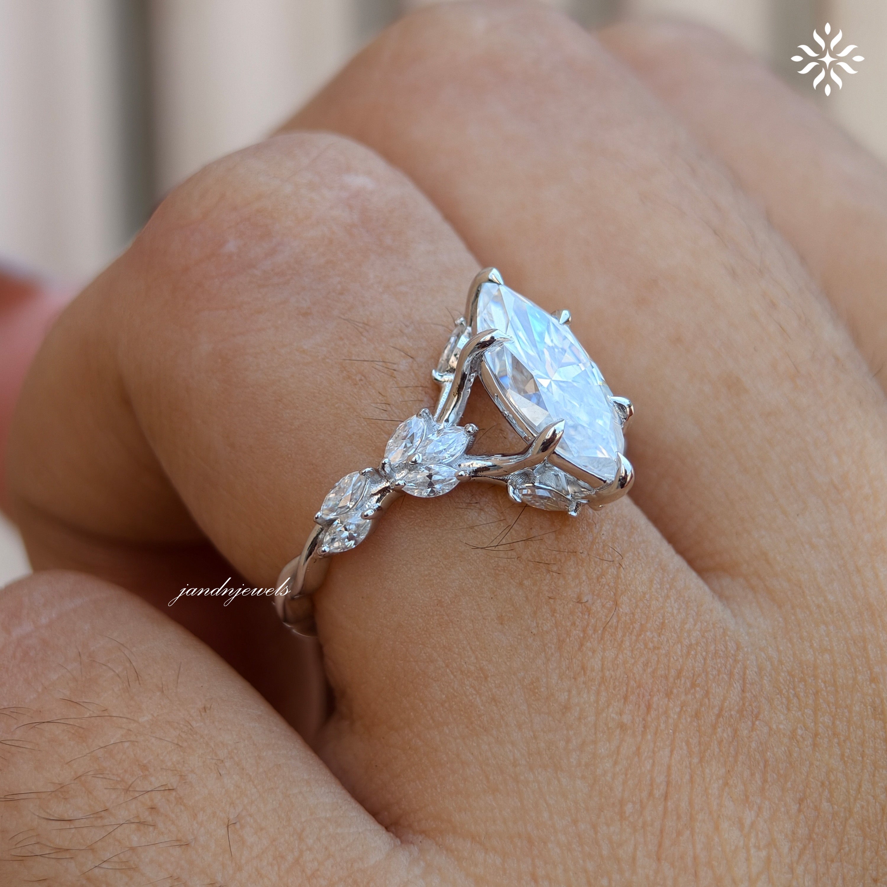 2CT Marquise Cut Moissanite Engagement Ring 14K White Gold Floral Vine Art Deco Ring