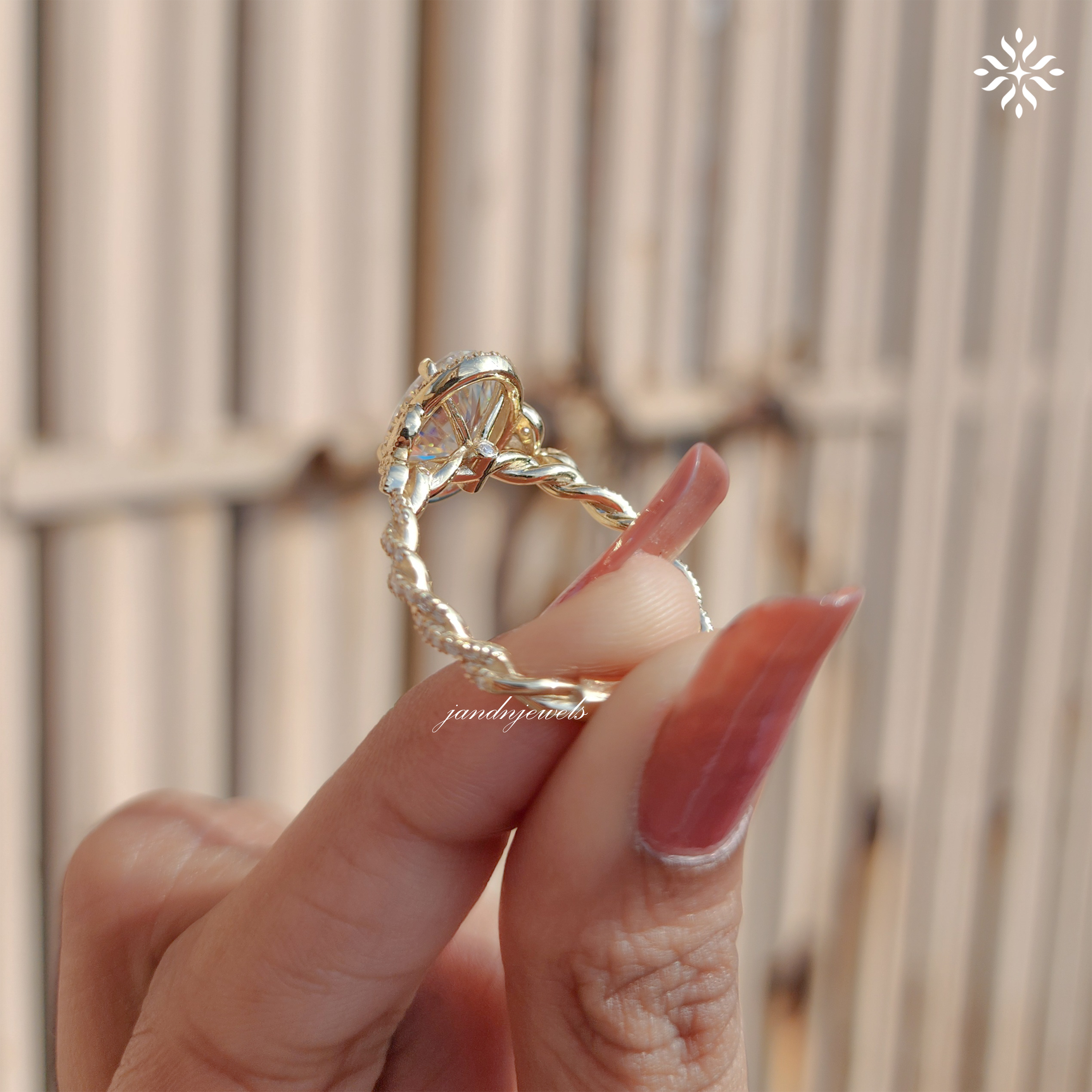 Oval Moissanite Halo Engagement Ring 14K Solid Yellow Gold, Filigree Cluster Design, Twisted Band, Classic Cathedral Setting