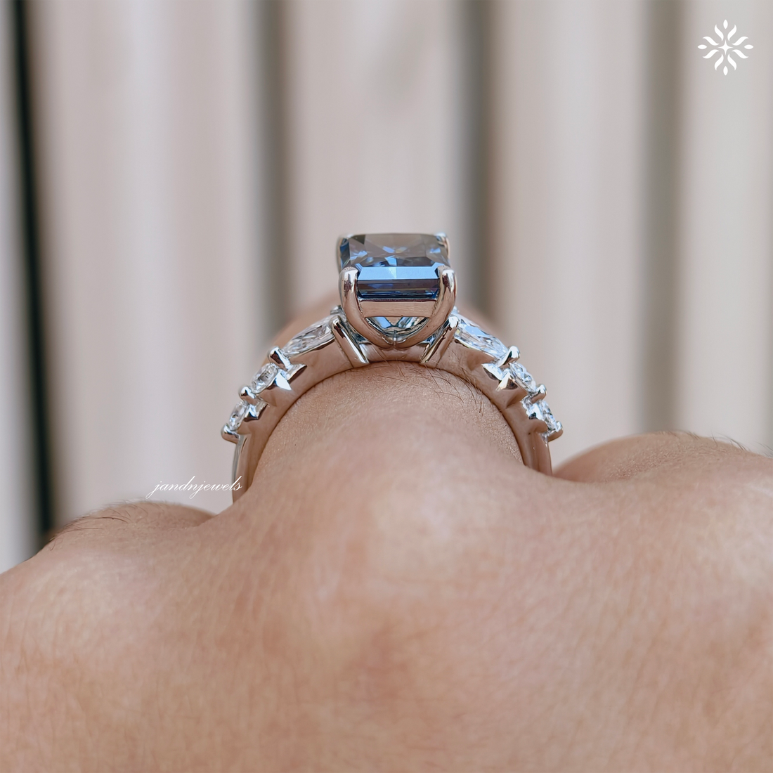Royal Blue Radiant Cut Moissanite Engagement Ring Pear Accent Band Art Deco Gold Ring Unique Bridal Anniversary Gift for Her