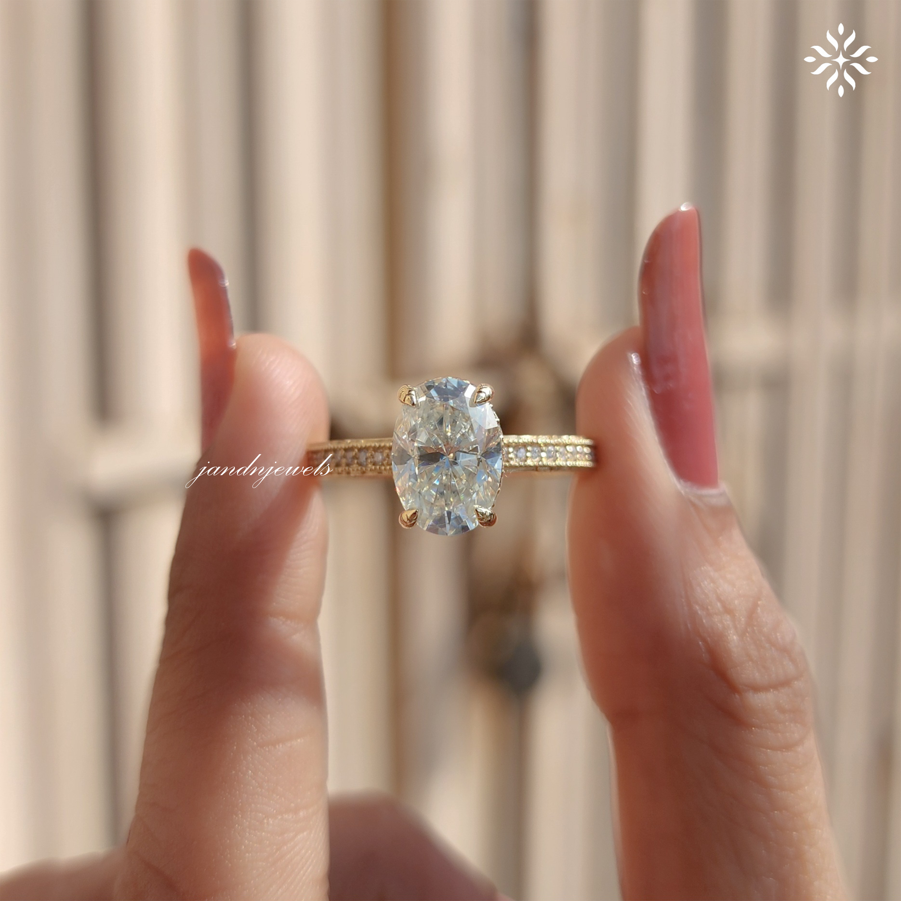 2CT Oval Cut Moissanite Engagement Ring Solitaire Diamond Ring Handcrafted Engraved Wedding Band 14K Solid Gold Hidden Halo Ring