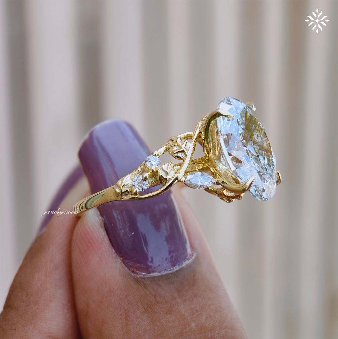 Botanical Oval Cut Lab Grown Diamond Engagement Ring Nature Inspired Floral Ring Vine Leaf Wedding Ring 14K Solid Yellow Gold Ring for Her