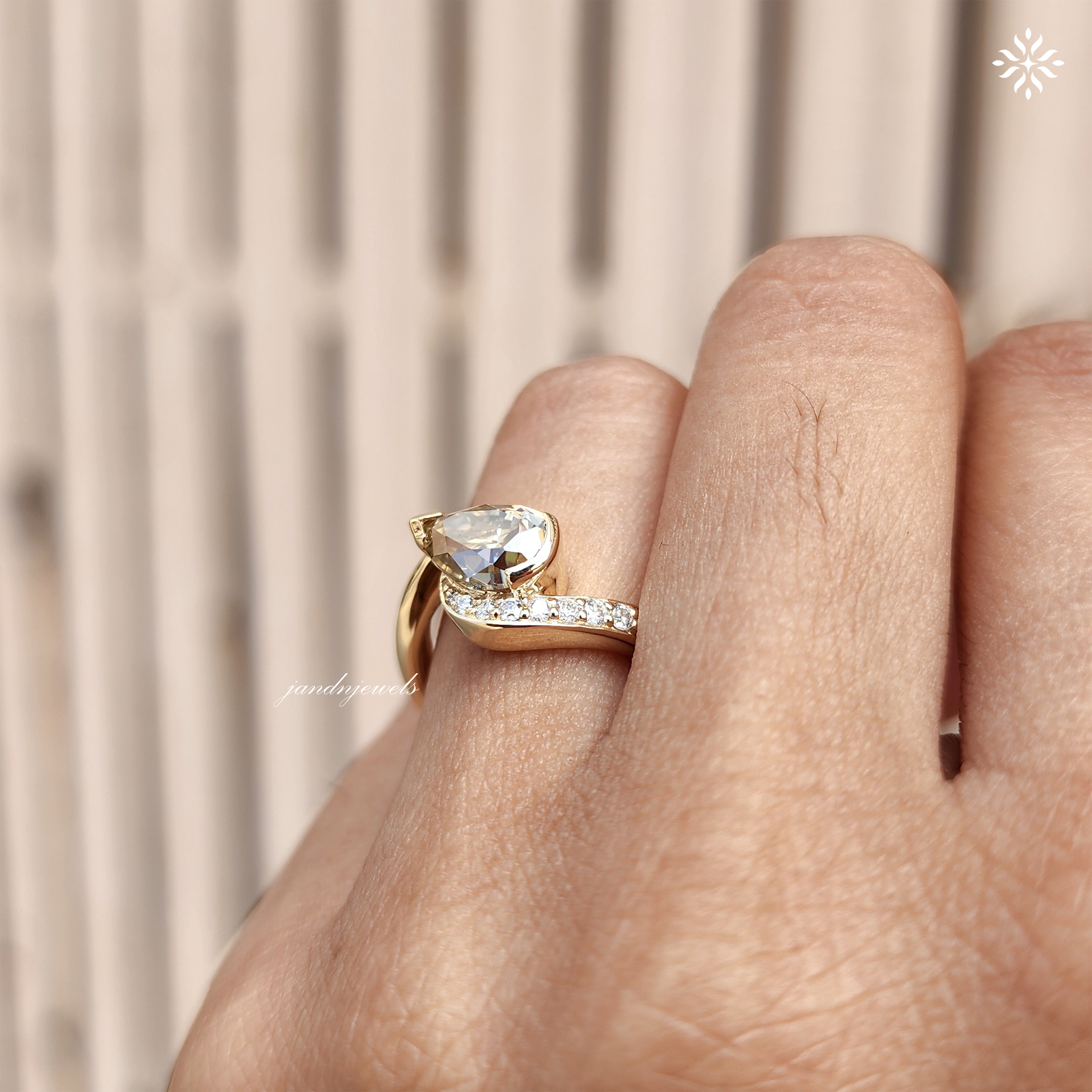 Champagne Pear Cut Moissanite Ring, Curved Pave Band, Asymmetrical Gold Engagement Ring