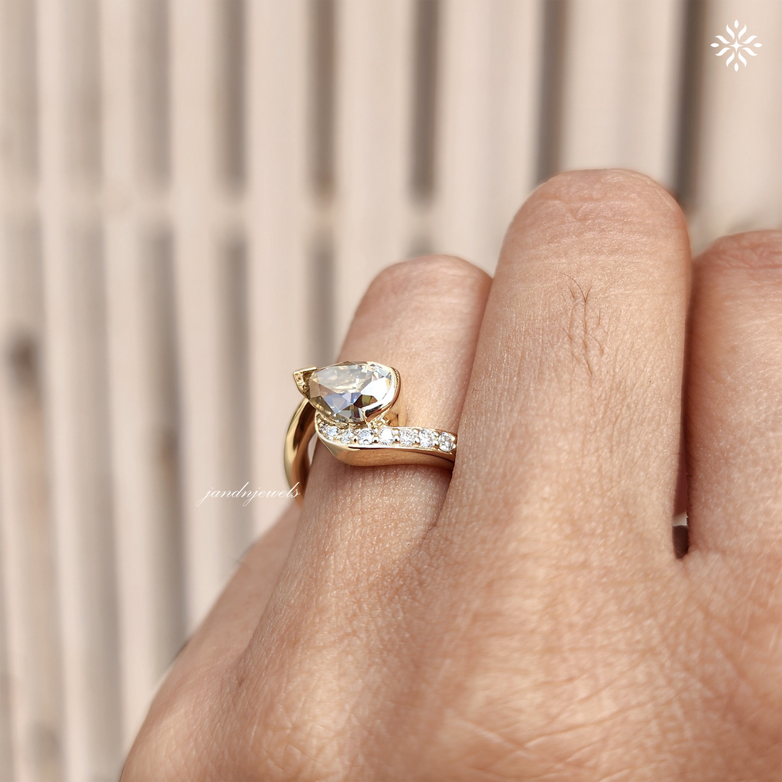 Champagne Pear Cut Moissanite Ring, Curved Pave Band, Asymmetrical Gold Engagement Ring