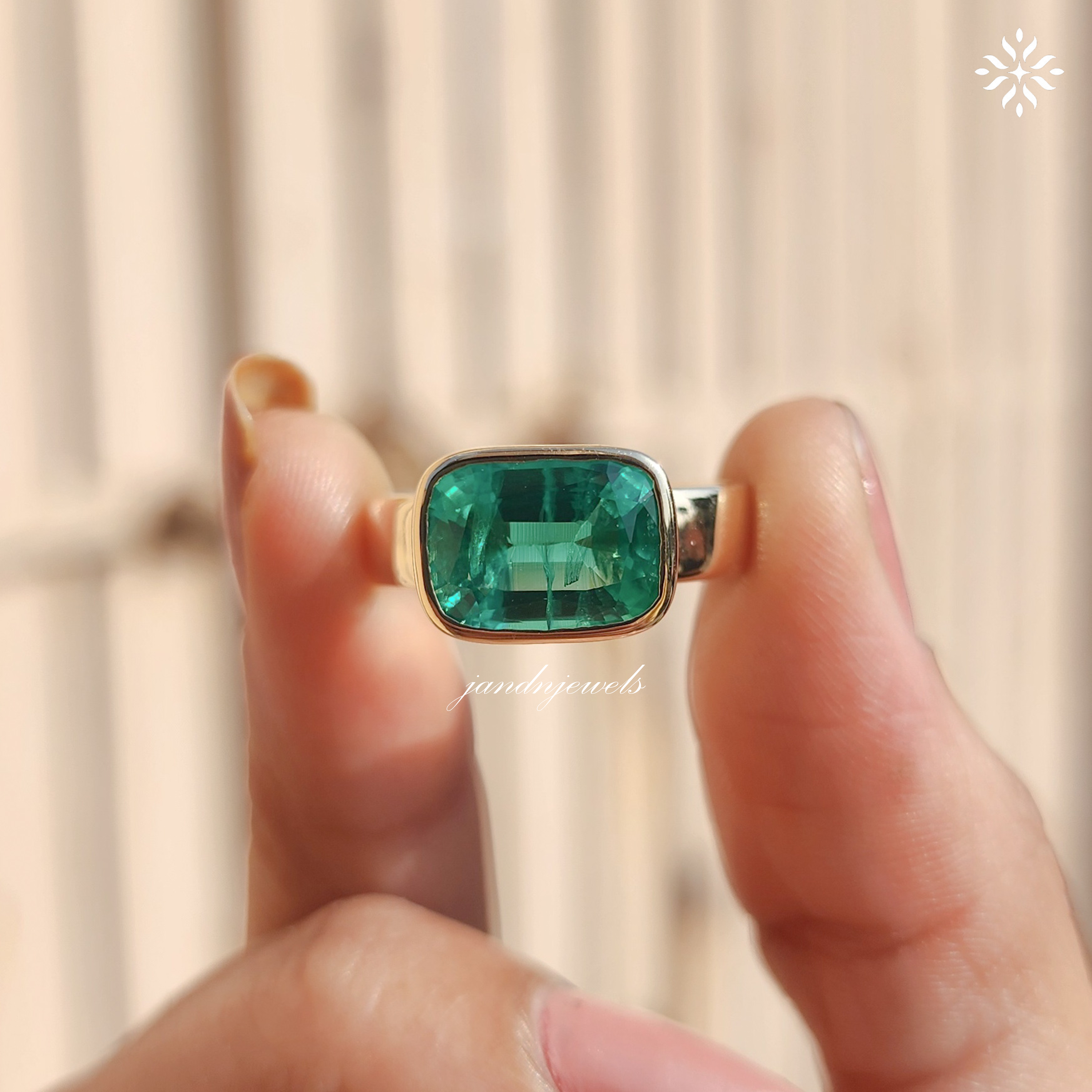 Green Emerald Cushion Cut Ring Bezel Set Solitaire 14K Gold Engagement Ring East West Ring