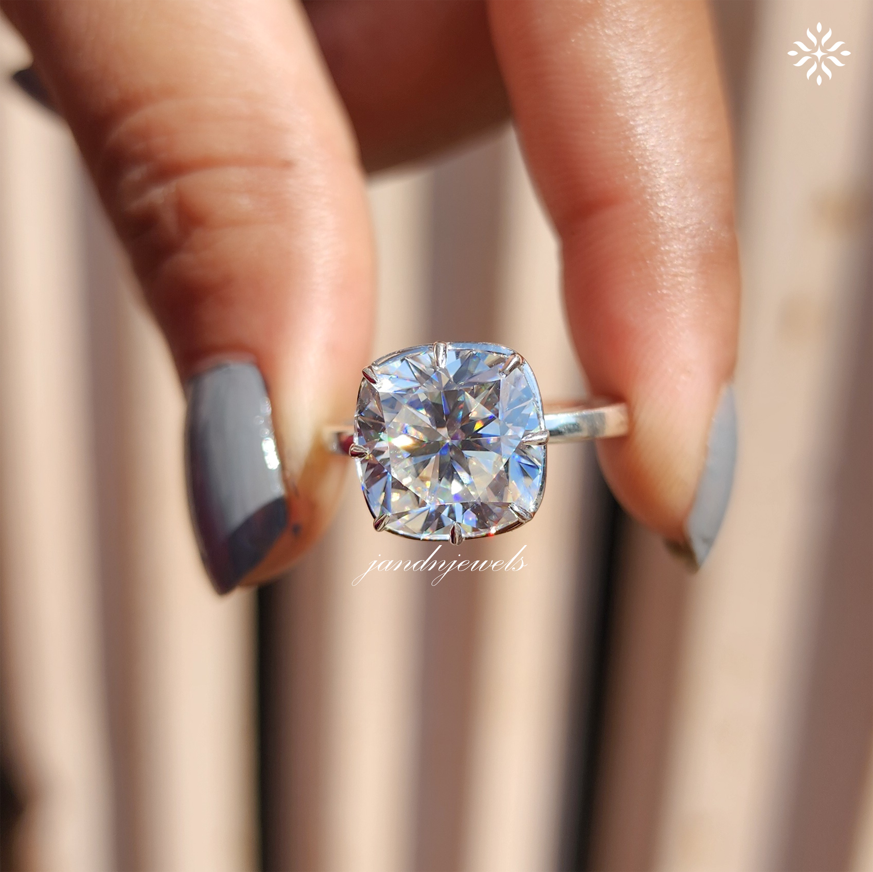 Cushion Cut Moissanite Diamond Ring Hidden Halo Engagement Ring 14K White Gold Solitaire Ring Minimalist Bridal Jewelry Gift for Her