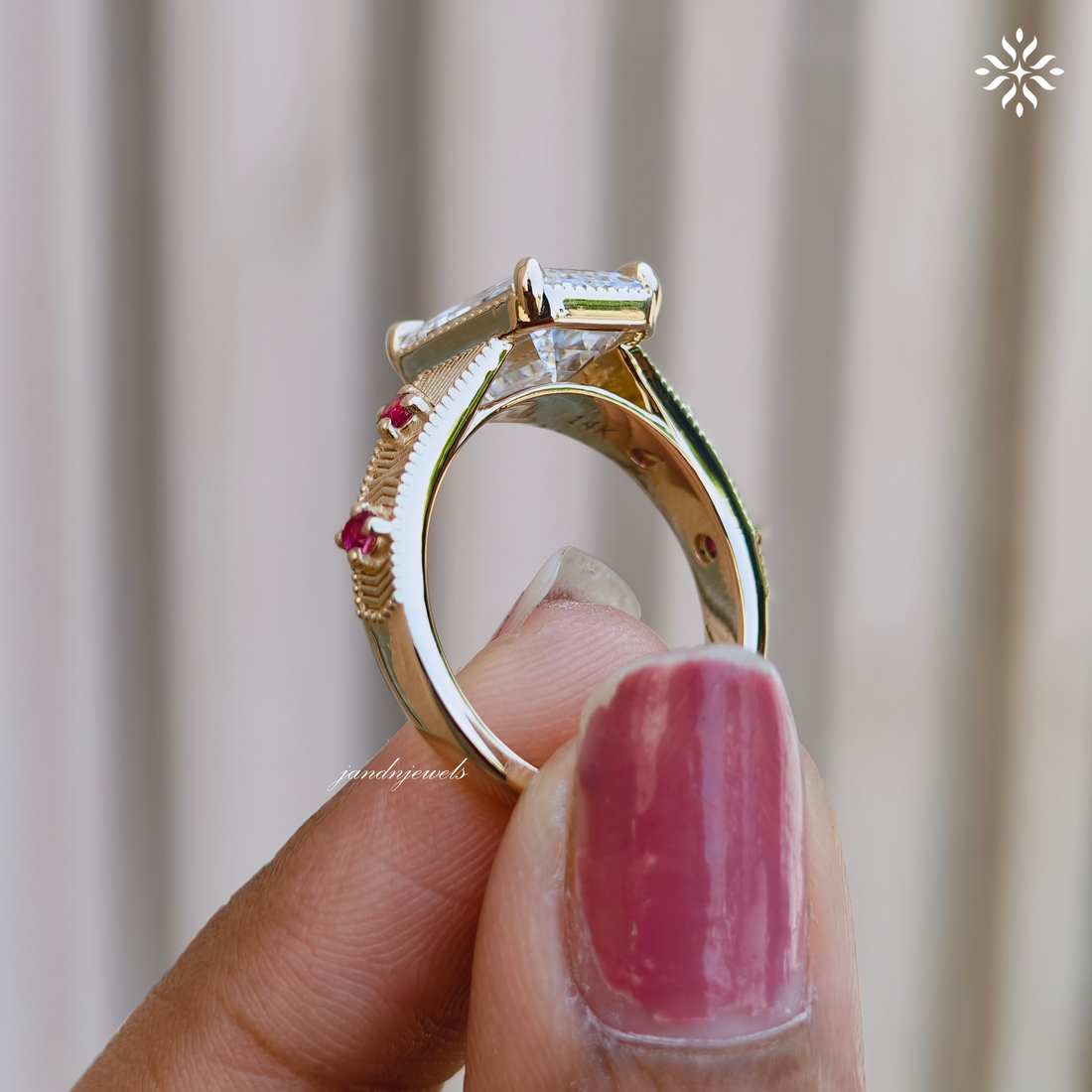 3CT Emerald Cut Lab Grown Diamond Engagement Ring, Pink Sapphire Side Stone Ring, Vintage Inspired Engraved Band, 14K Gold Wedding Ring