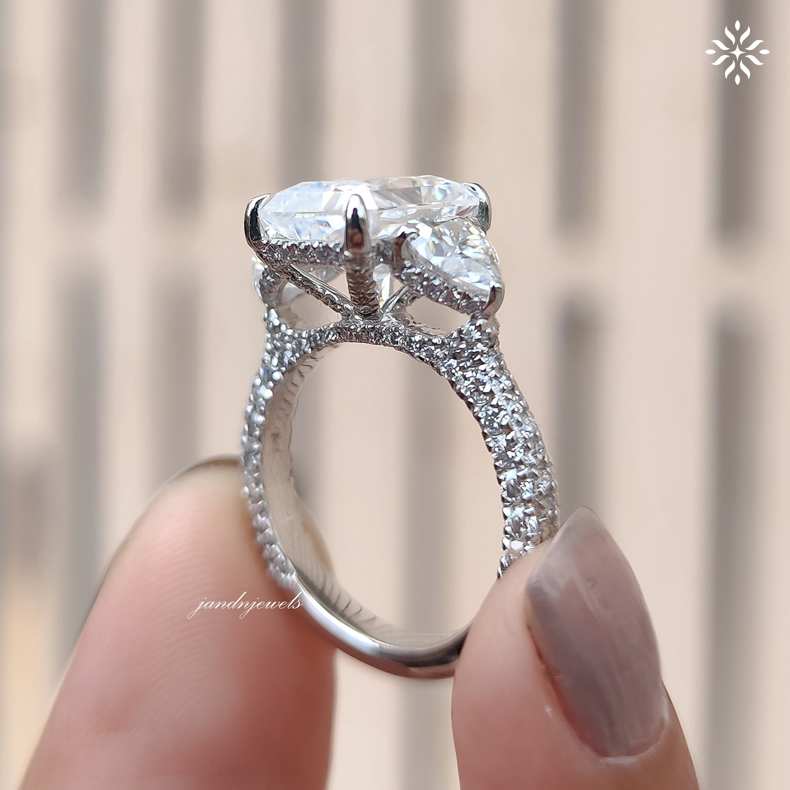 Three Stone Radiant Cut Moissanite Engagement Ring Side Stone Heart Ring