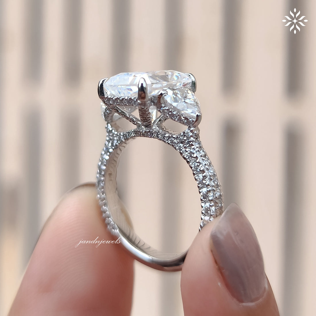 Three Stone Radiant Cut Moissanite Engagement Ring Side Stone Heart Ring