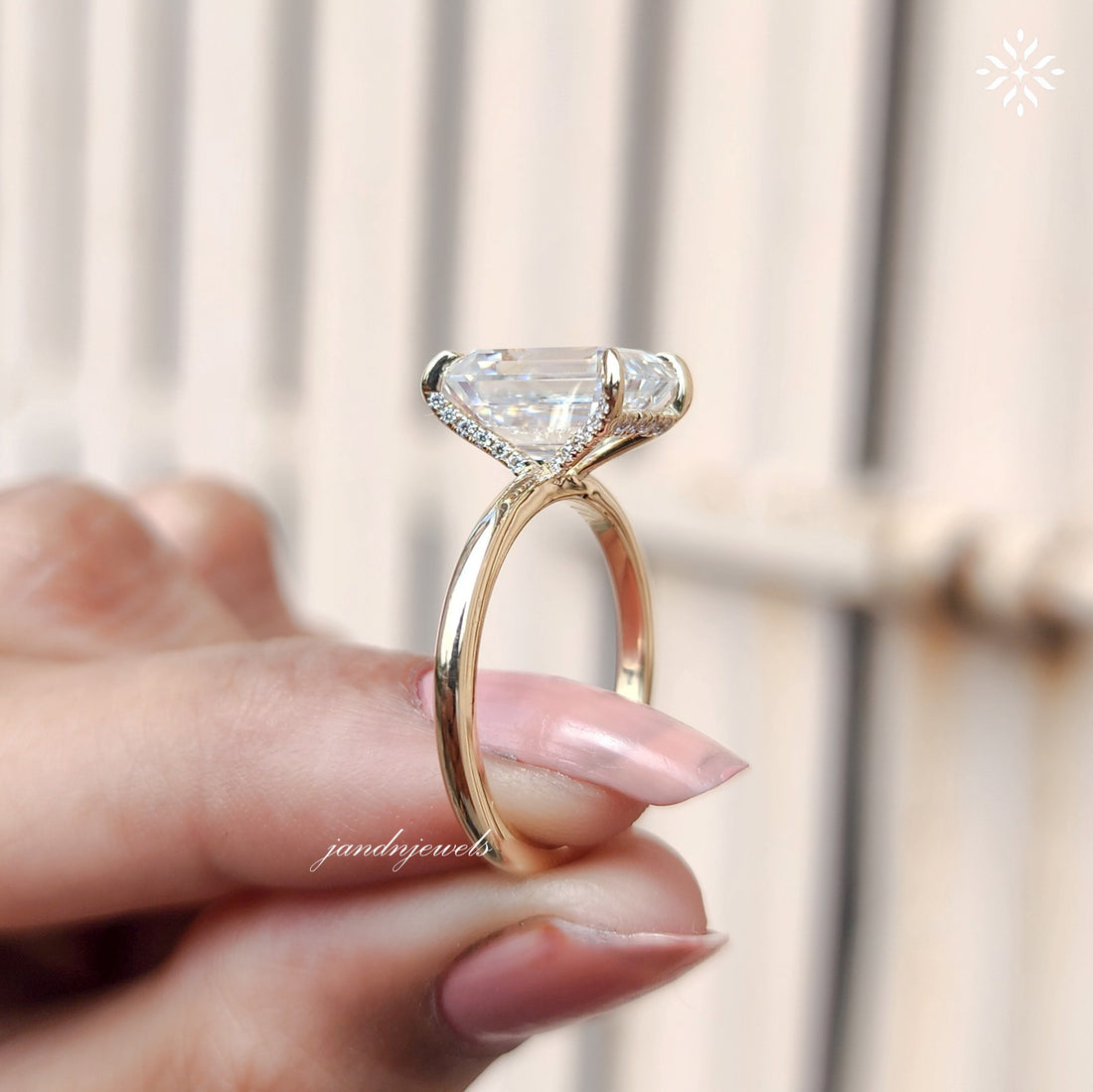 3CT Emerald Cut Moissanite Engagement Ring Set, Hidden Halo Ring Set, Round and Marquise Wedding Band, 14K Gold Bridal Ring