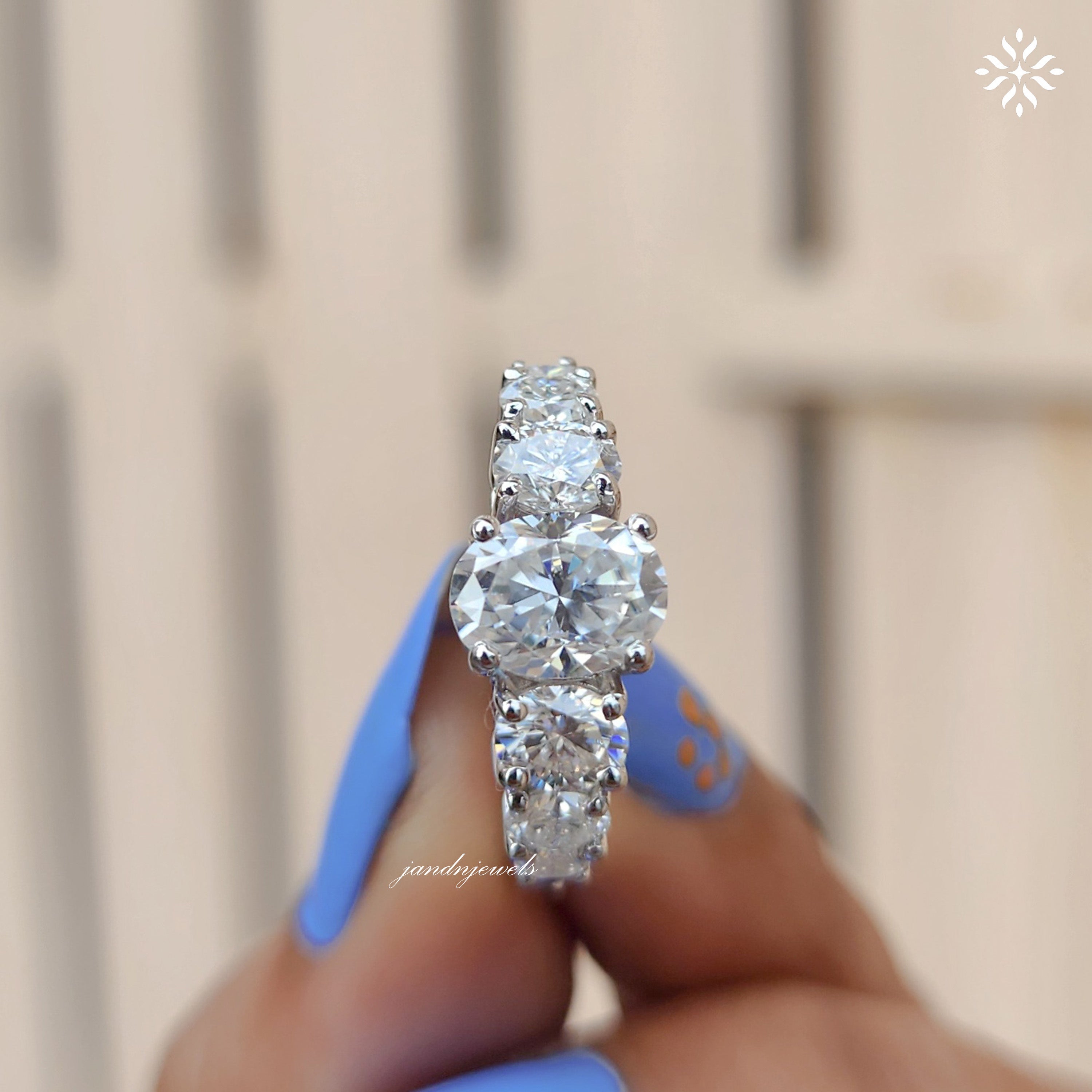 Oval Moissanite Ring with Graduated Side Stones Unique Eternity Engagement Ring Elegant White Gold Wedding Band for Her