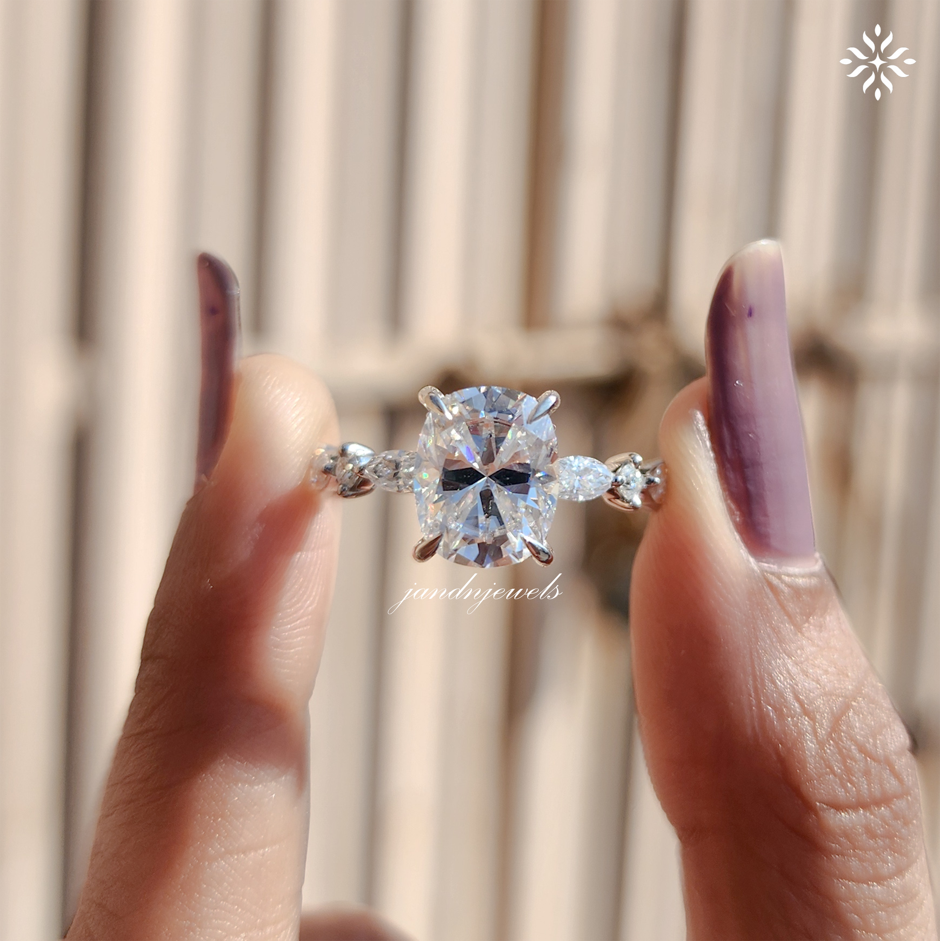 Unique Hidden Halo Cushion Cut Moissanite Engagement Ring Marquise Band Elongated Moissanite Wedding Ring Women Promise Anniversary Ring