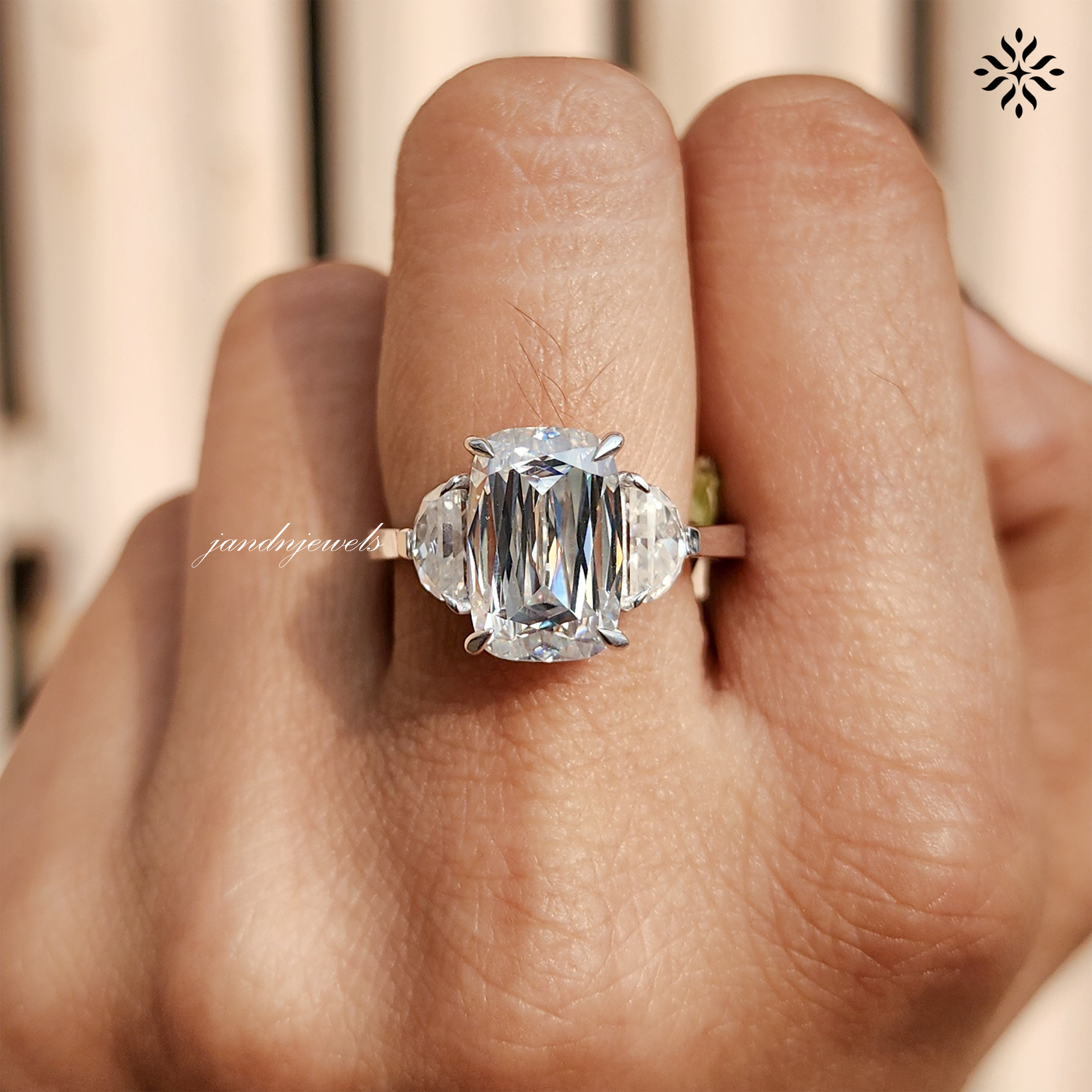 Elongated Criss Cut Cushion Moissanite Engagement Ring Three Stone Wedding Ring Side Stone Half Moon Trilogy Ring Multi Stone Ring for Her