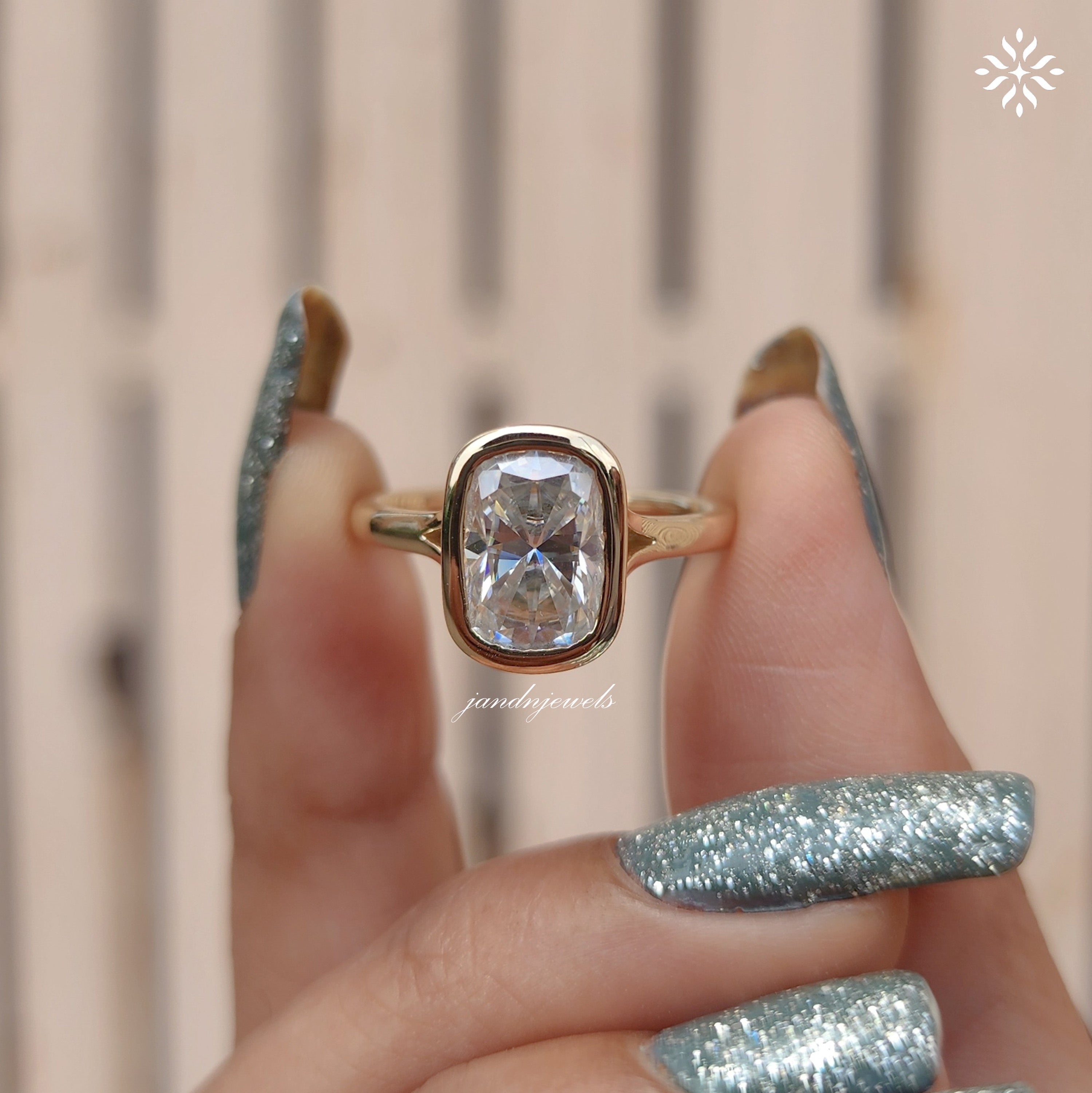 2CT Elongated Cushion Cut Engagement Ring Bezel Set Unique Split Shank And Cathedral Setting Ring 14K Solid Gold Ring