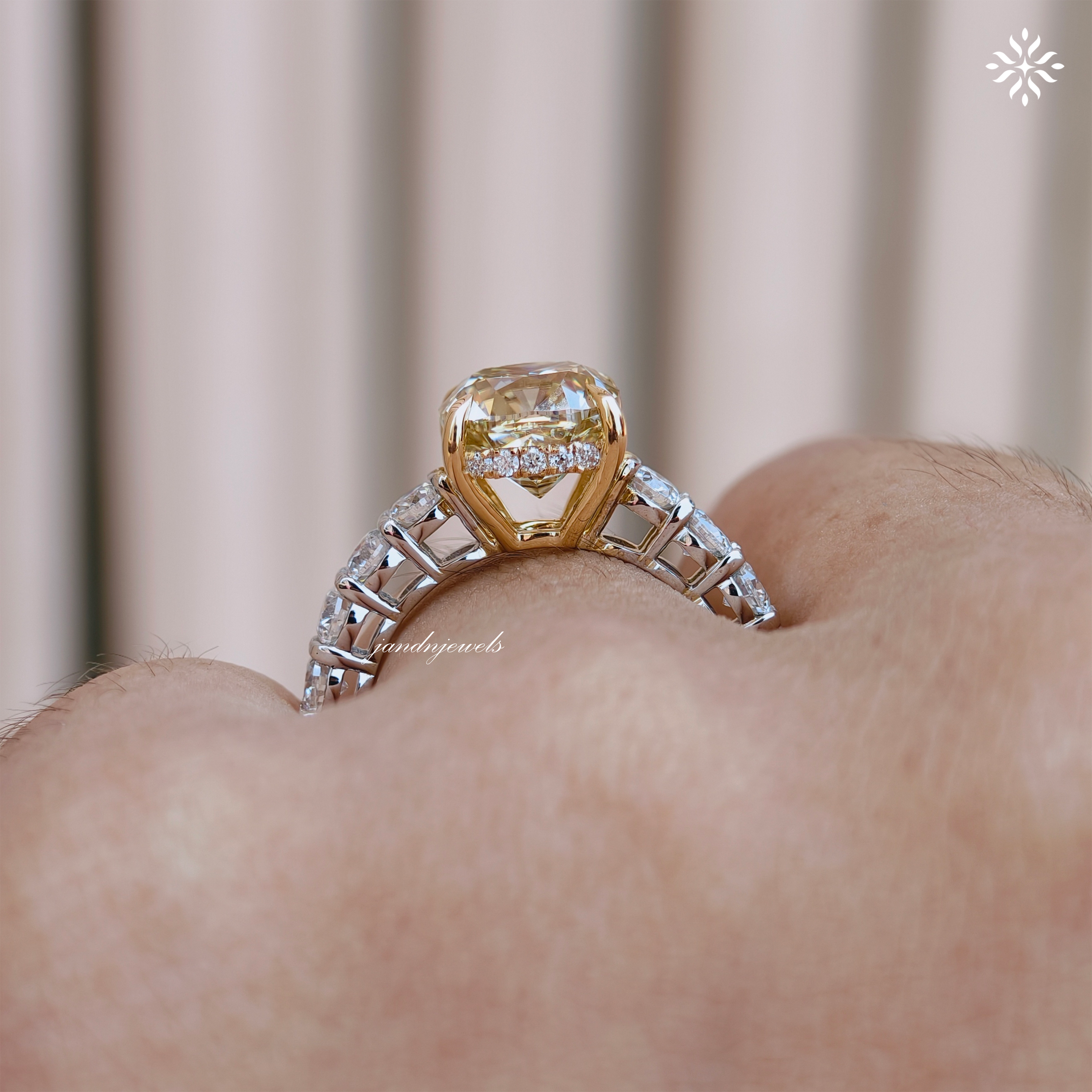 Fancy Intense Yellow Cushion Cut Lab Grown Diamond Engagement Ring Two Tone Ring Hidden Halo Ring Cathedral Setting Ring