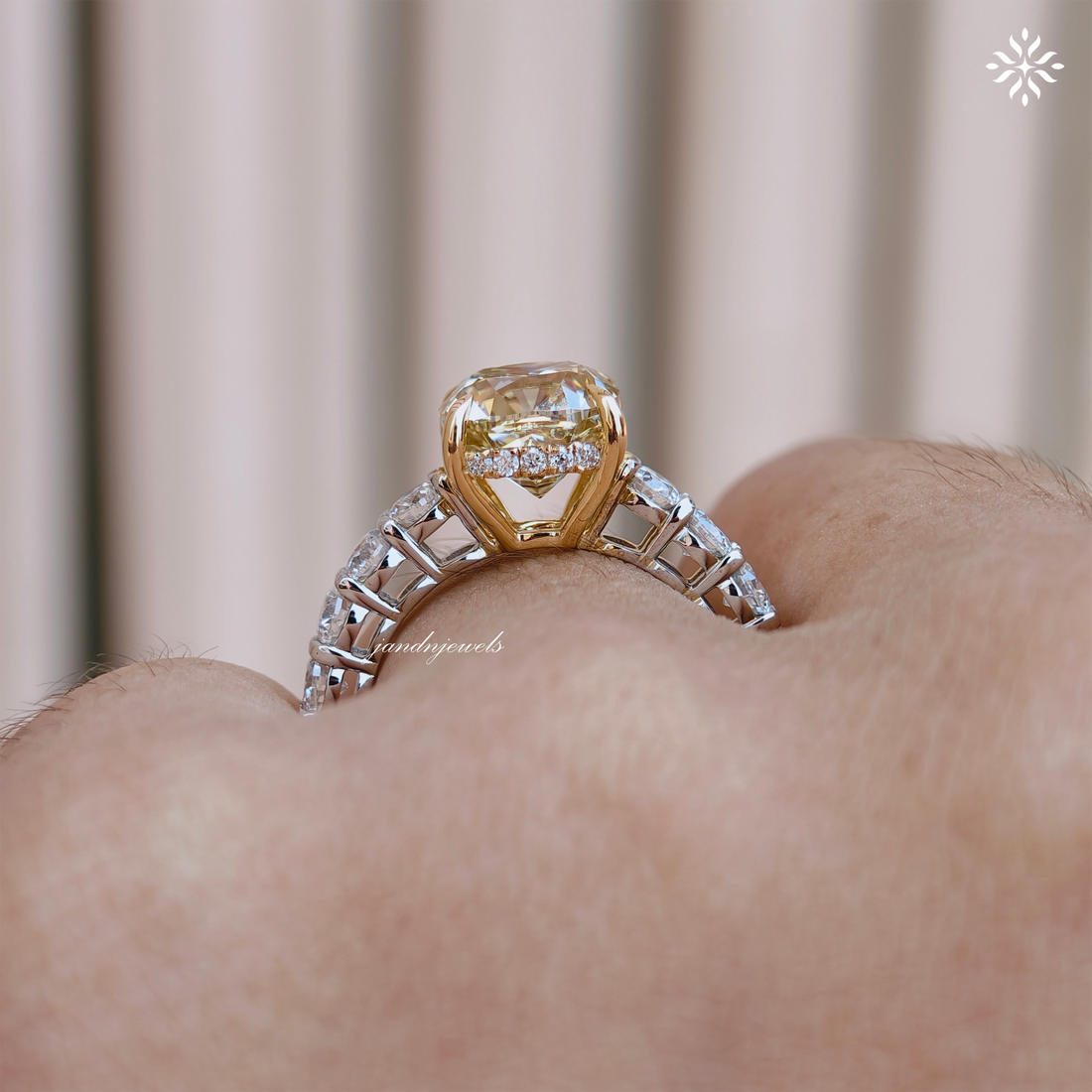 Fancy Intense Yellow Cushion Cut Lab Grown Diamond Engagement Ring Two Tone Ring Hidden Halo Ring Cathedral Setting Ring